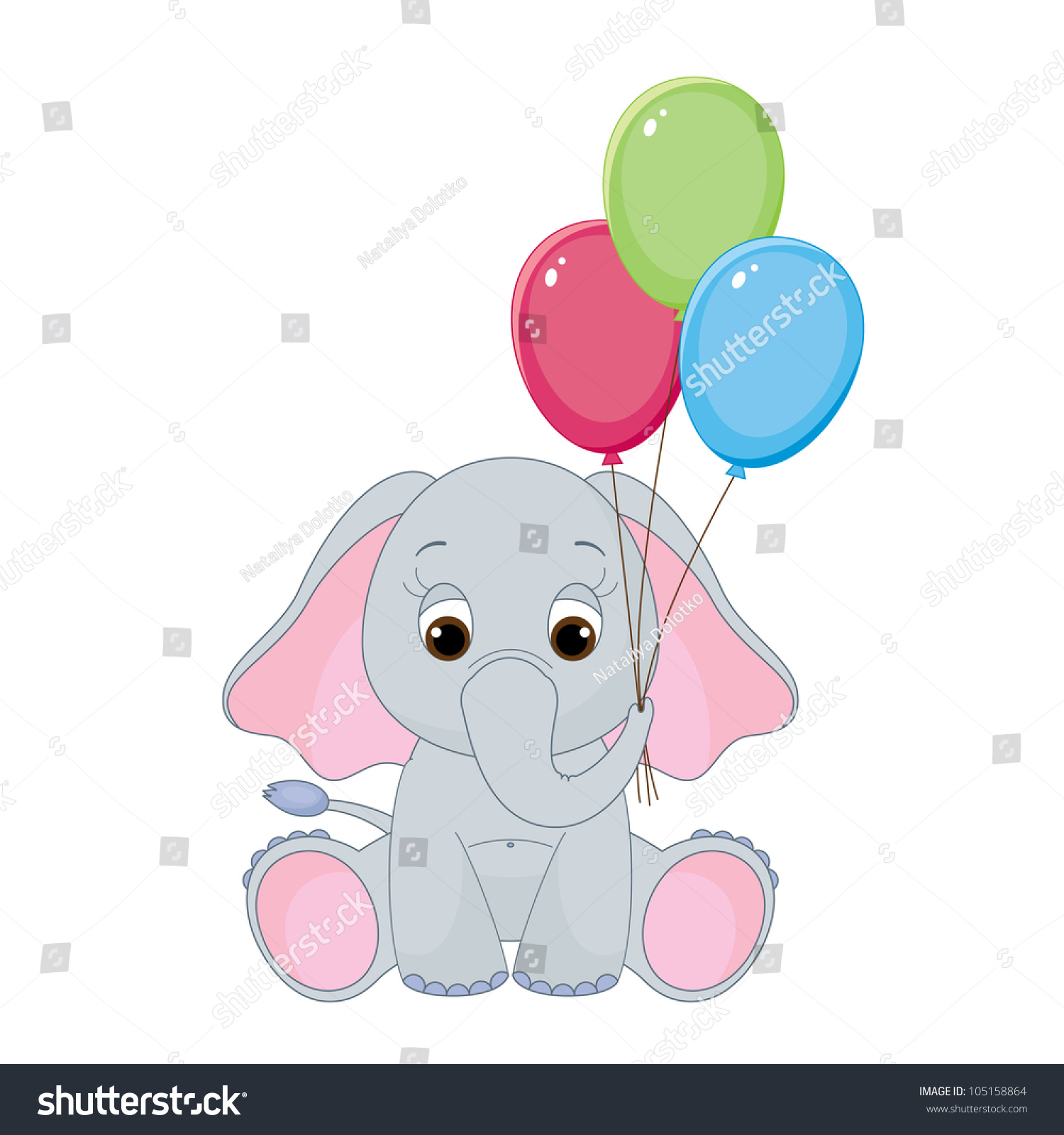 Cute Baby Elephant With Colorful Balloons. Isolated On White Stock