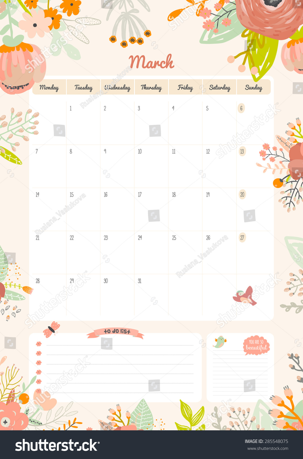 Calendar Wallpaper With Notes : Cute calendar template beautiful diary stock vector Calendar Wallpaper With Notes : Cute calendar template beautiful diary stock vector