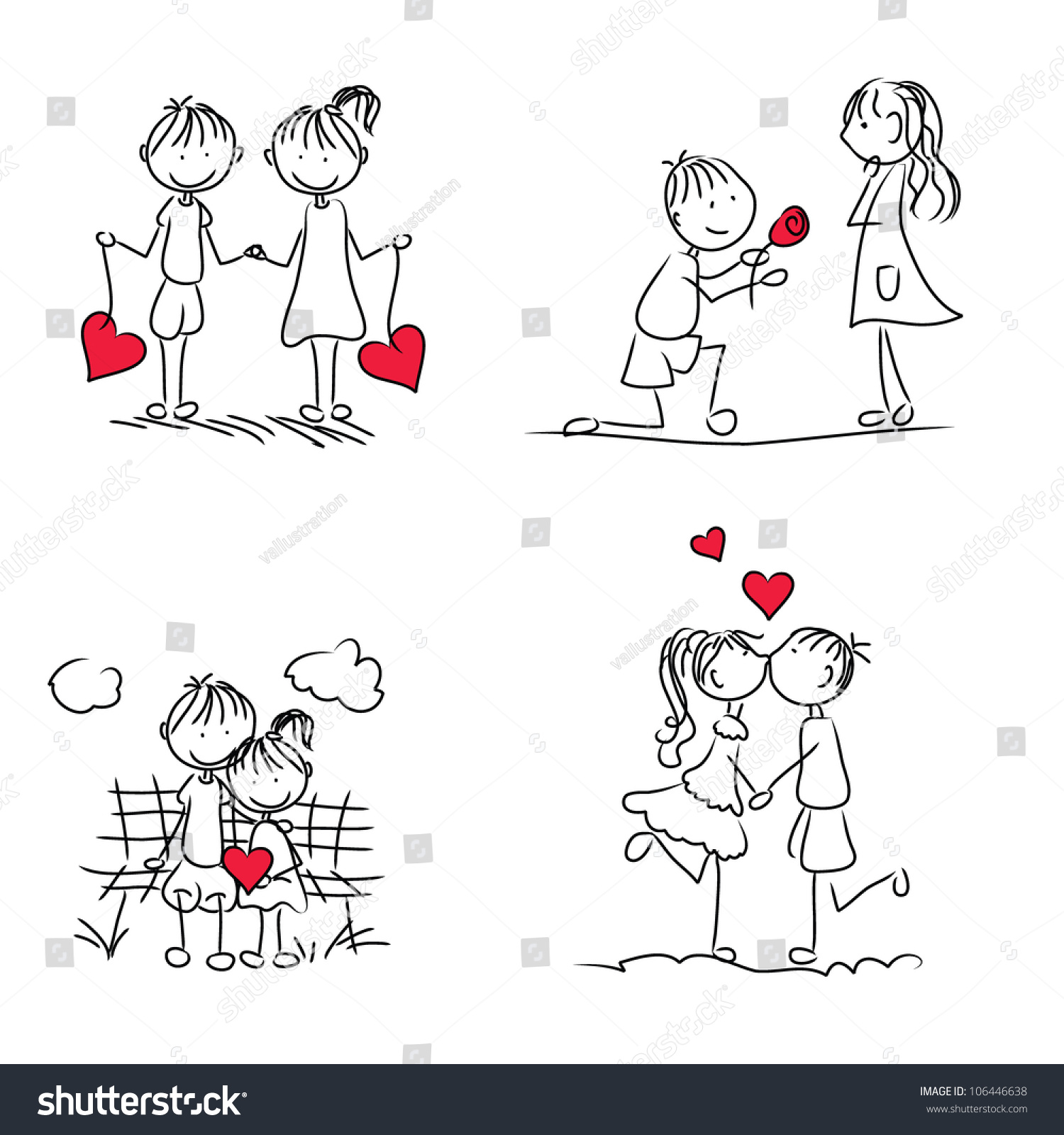 Cute Cartoon Couple Doodle With Red Heart Shape Stock Vector 106446638