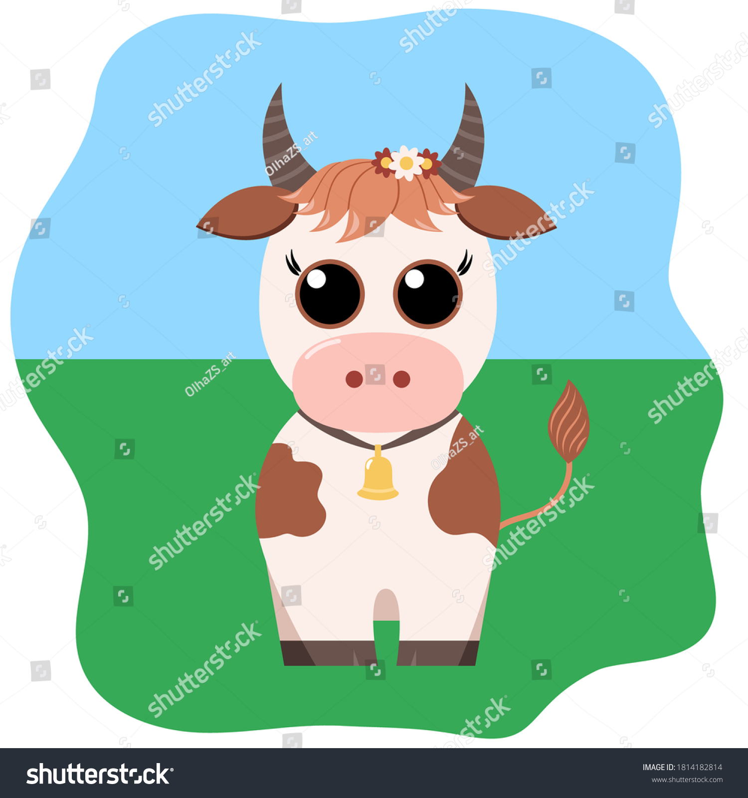 Cute Cartoon Cow Big Eyes Vector Vetor Stock Livre De Direitos