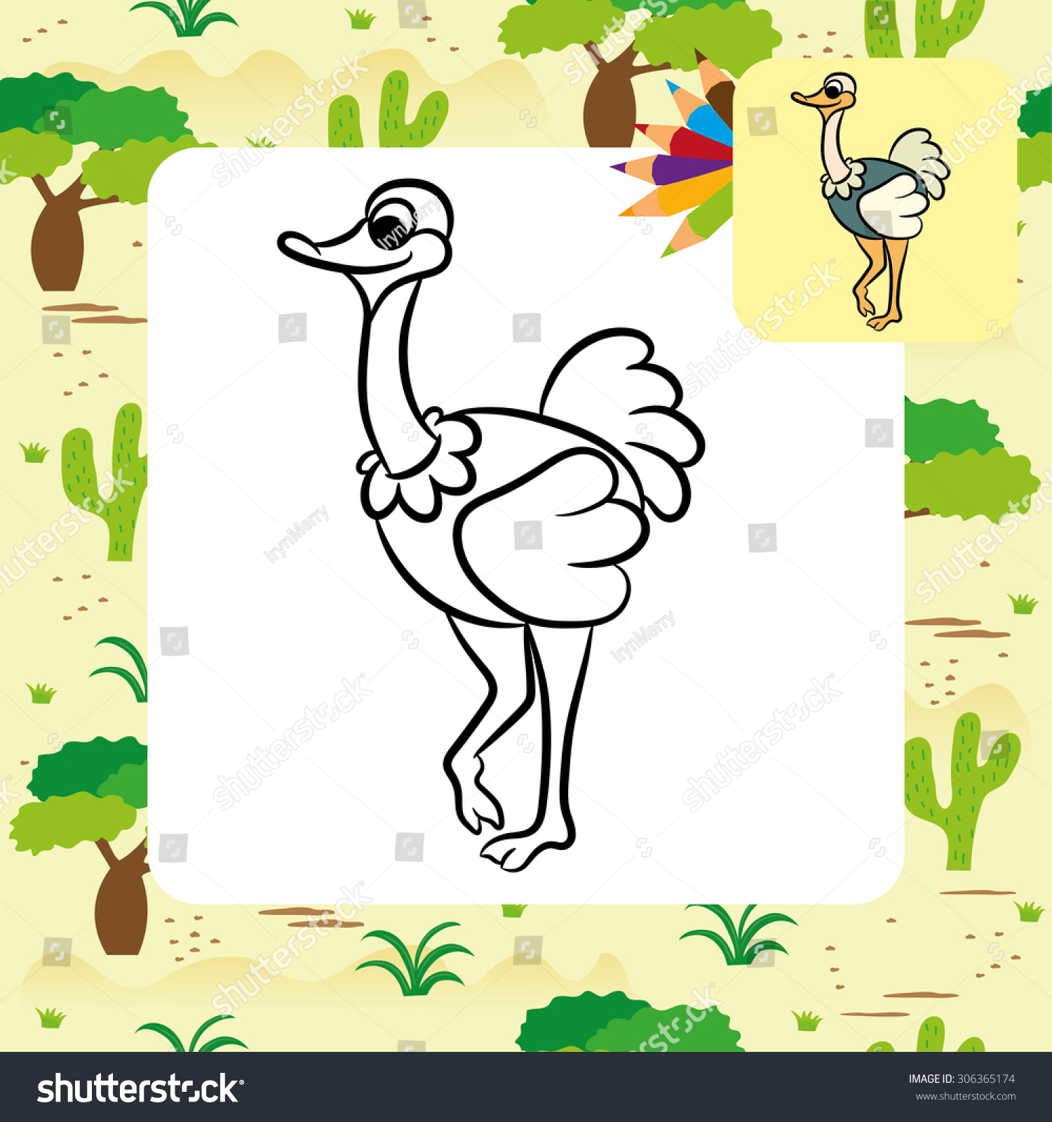 Cute Cartoon Ostrich. Coloring Page. Vector Illustration - 306365174