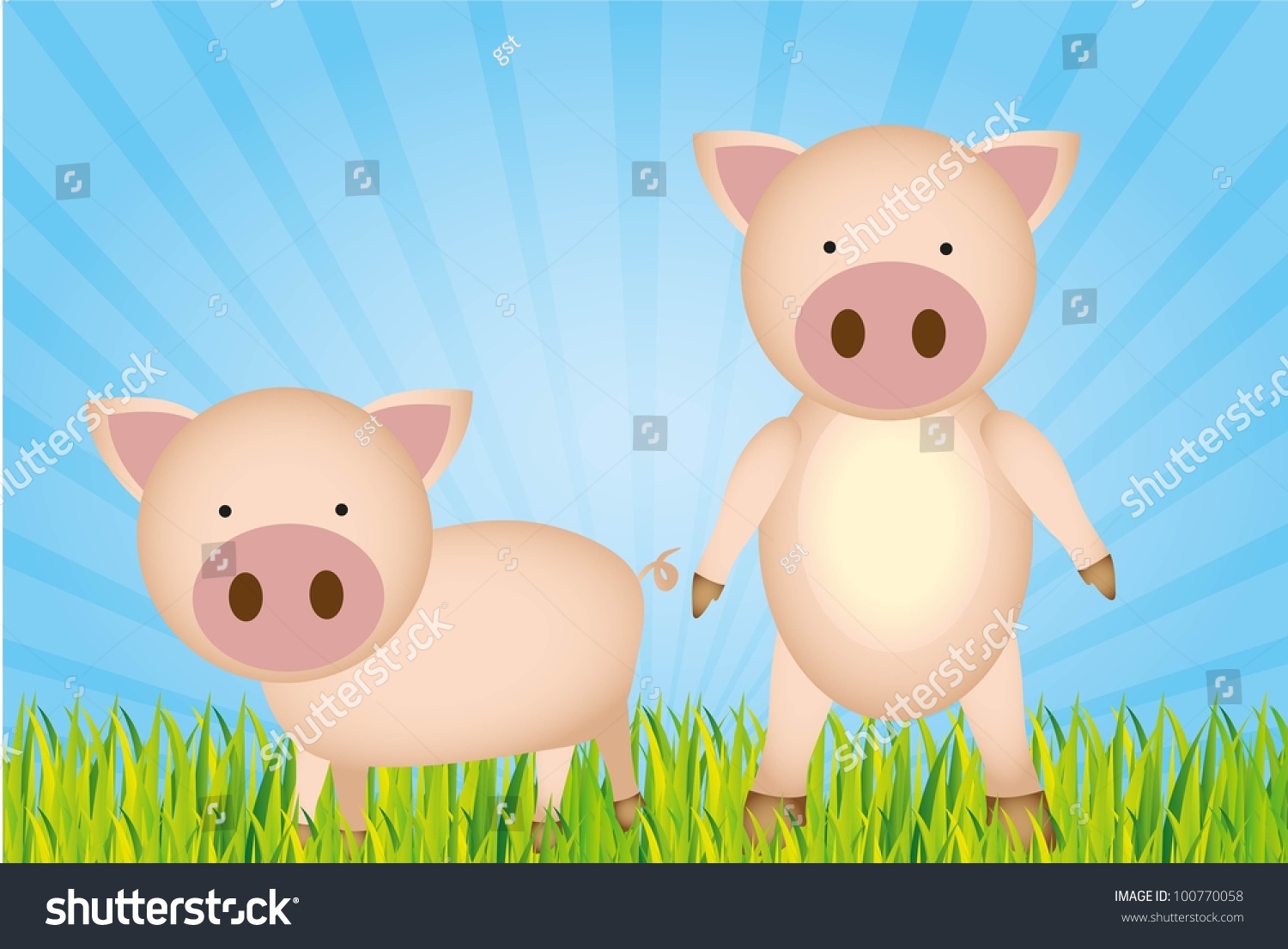 Cute Cartoon Pigs With Grass And Sky, Vector - 100770058 : Shutterstock