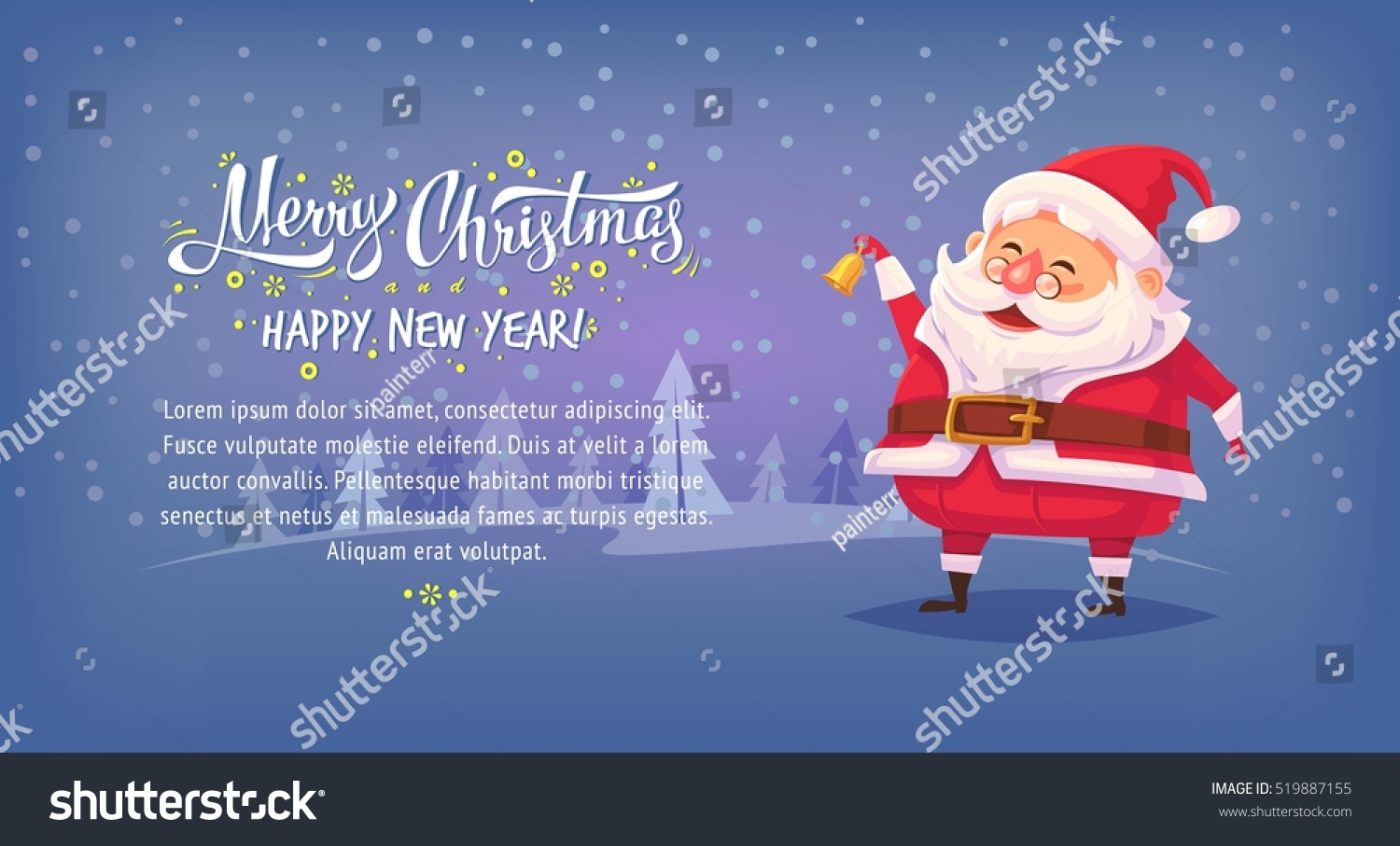 Cute Cartoon Santa Claus Ringing Bell And Smiling Merry Christmas