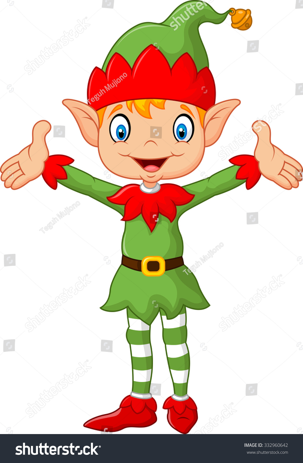 Cute Green Elf Boy Costume Hands Up . Isolated On White Background 
