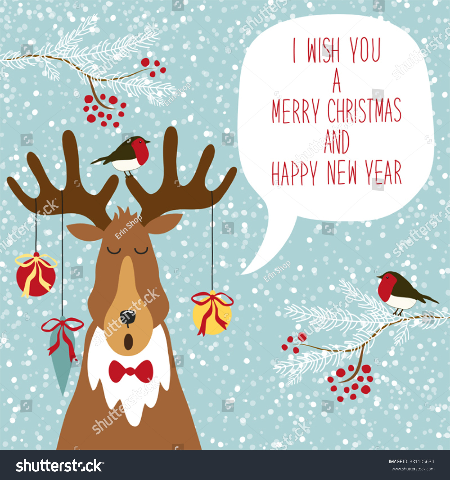 Cute Hand Drawn Reindeer Singing Traditional Song I Wish You A Merry Christmas And Happy New ...