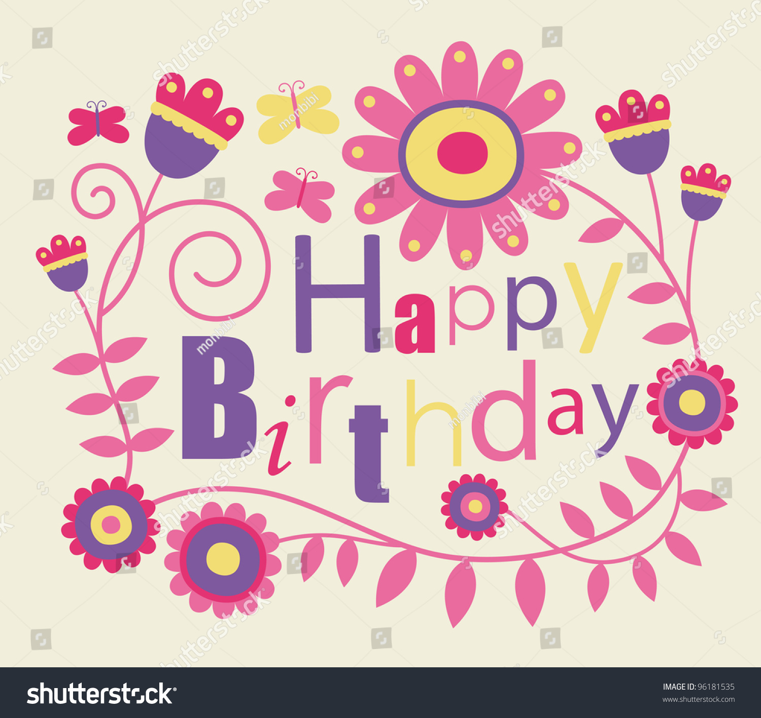 Cute Happy Birthday Card Vector Illustration Stock Vector 96181535 