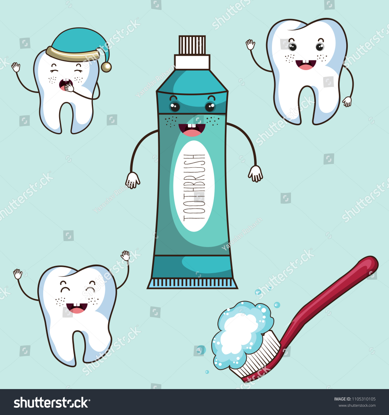 Vektor Stok Cute Happy Smiling Tooth Toothbrush Toothpaste Tanpa