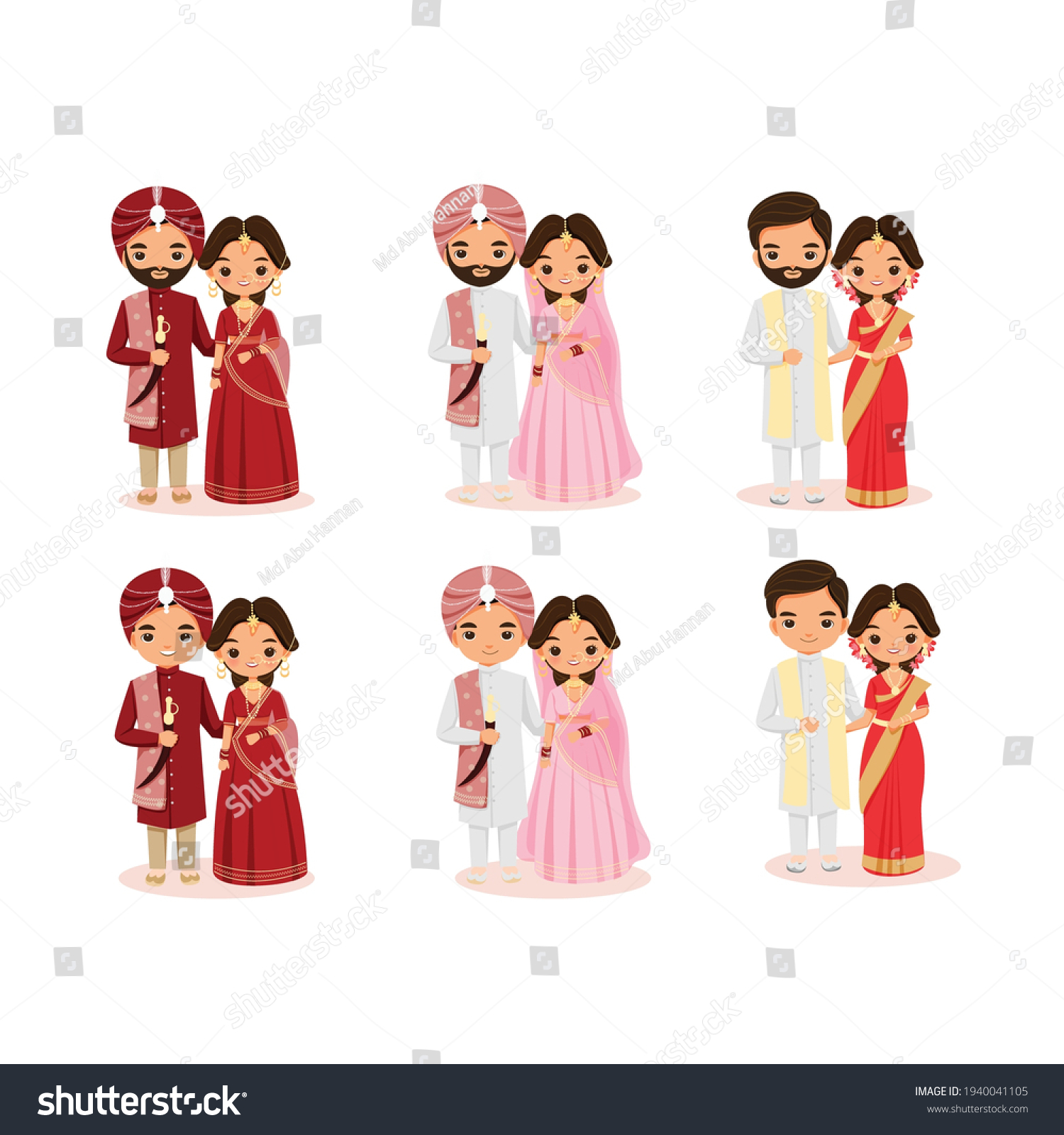 Vektor Stok Cute Indian Wedding Couple Cartoon Character Tanpa Royalti