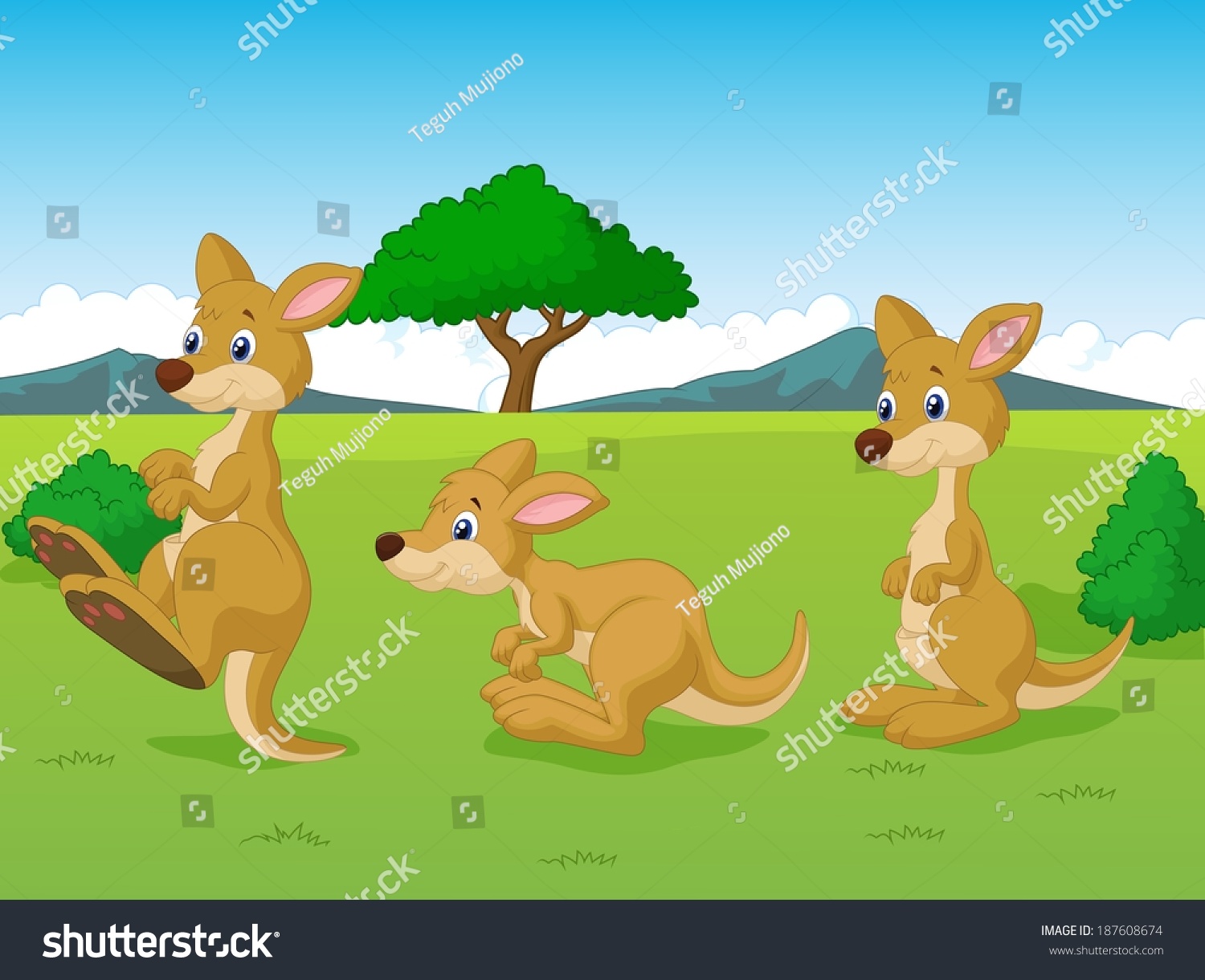Cute Kangaroo Cartoon Playing In The Grassland Stock Vector