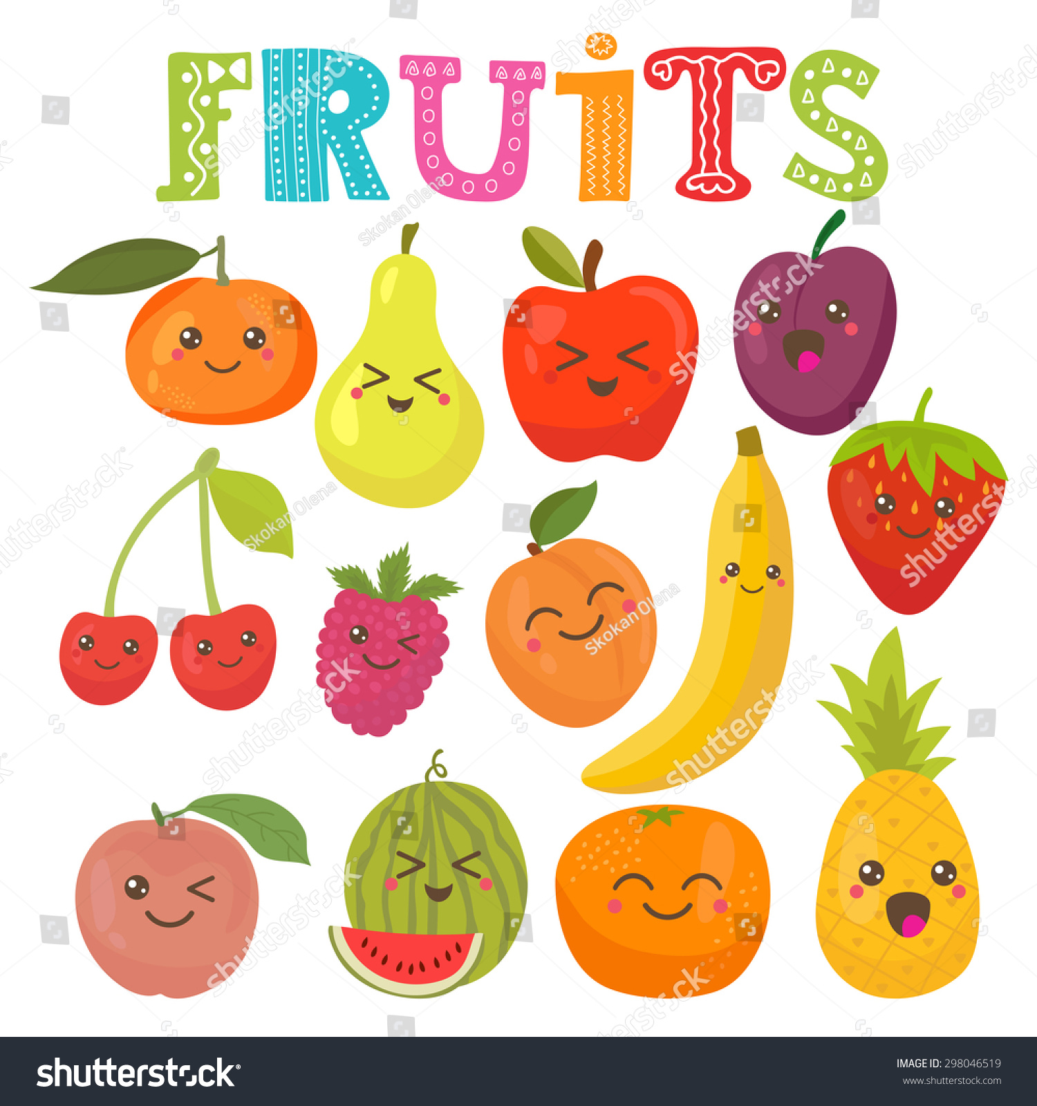 Cute Kawaii Smiling Fruits Healthy Style Collection Vector