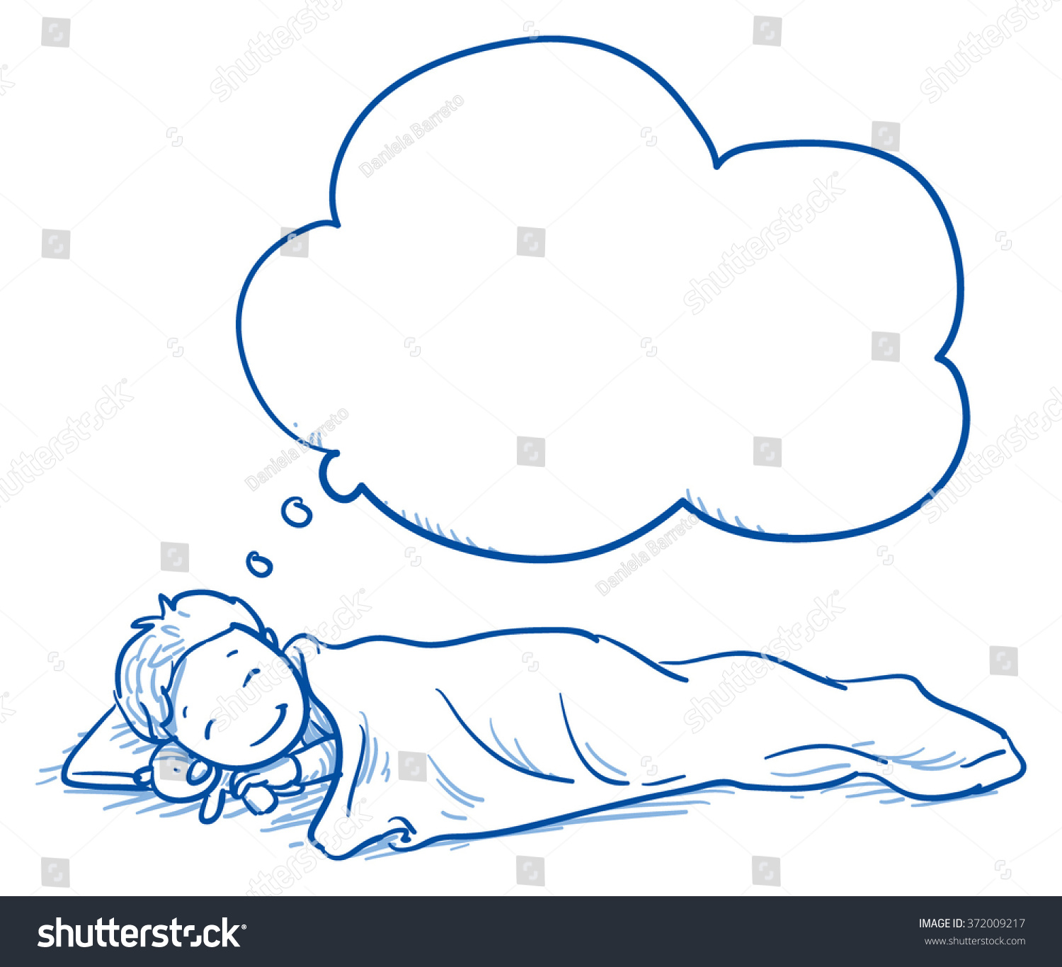 Cute Little Boy Sleeping In His Bed And Dreaming Something. Hand Drawn