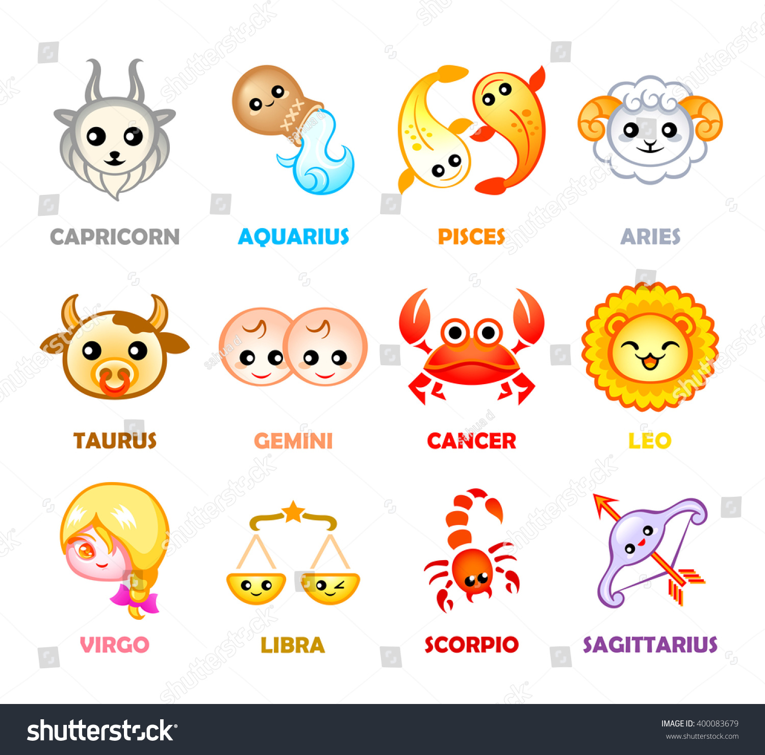 Cute Months Zodiac Symbols In Japanese Style Stock Vector Illustration