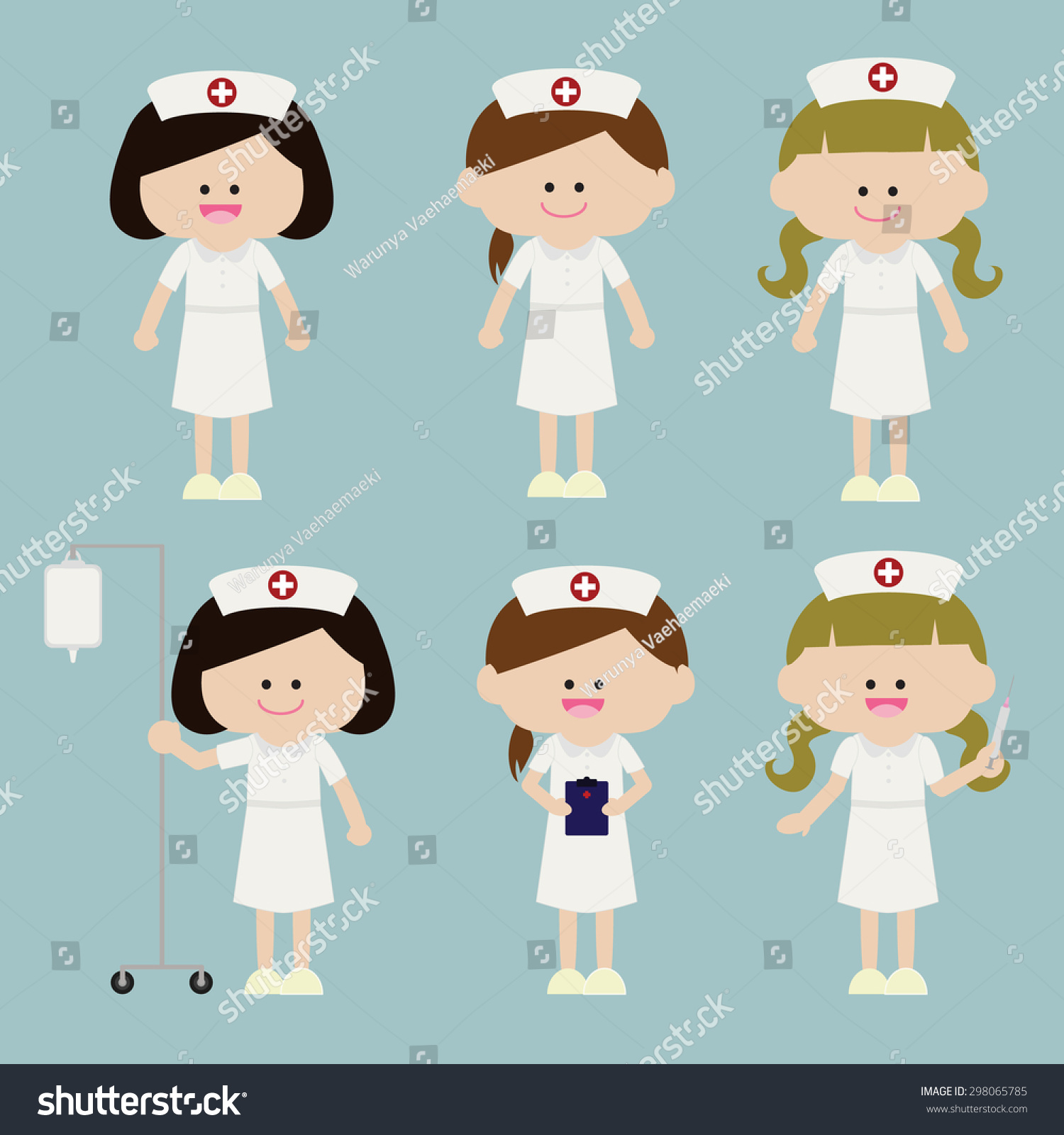 Cute Nurses Set Character On Blue Background Stock Vector Illustration