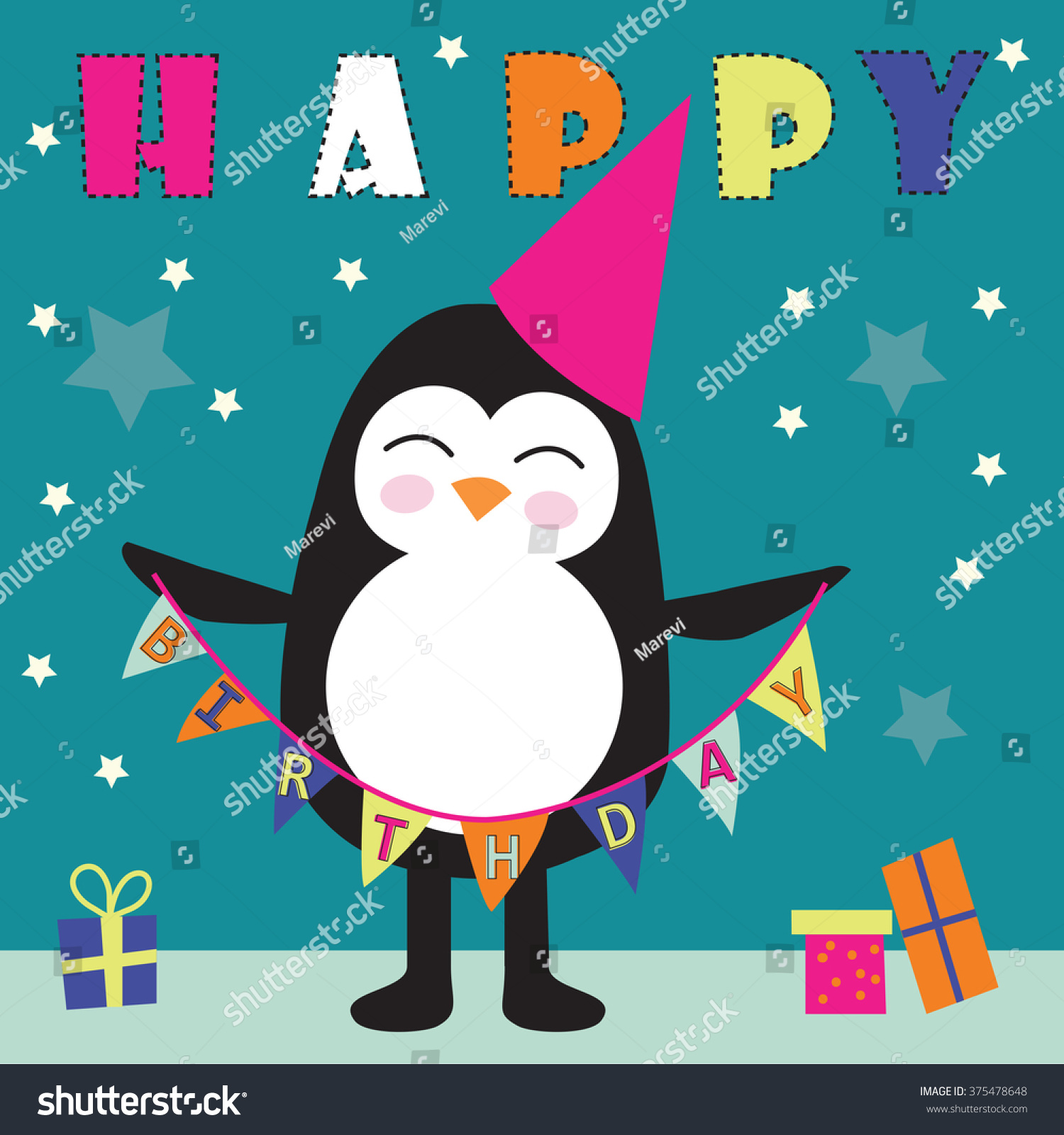 Cute Penguin Cartoon Happy Birthday Greeting Card Vector Illustration 