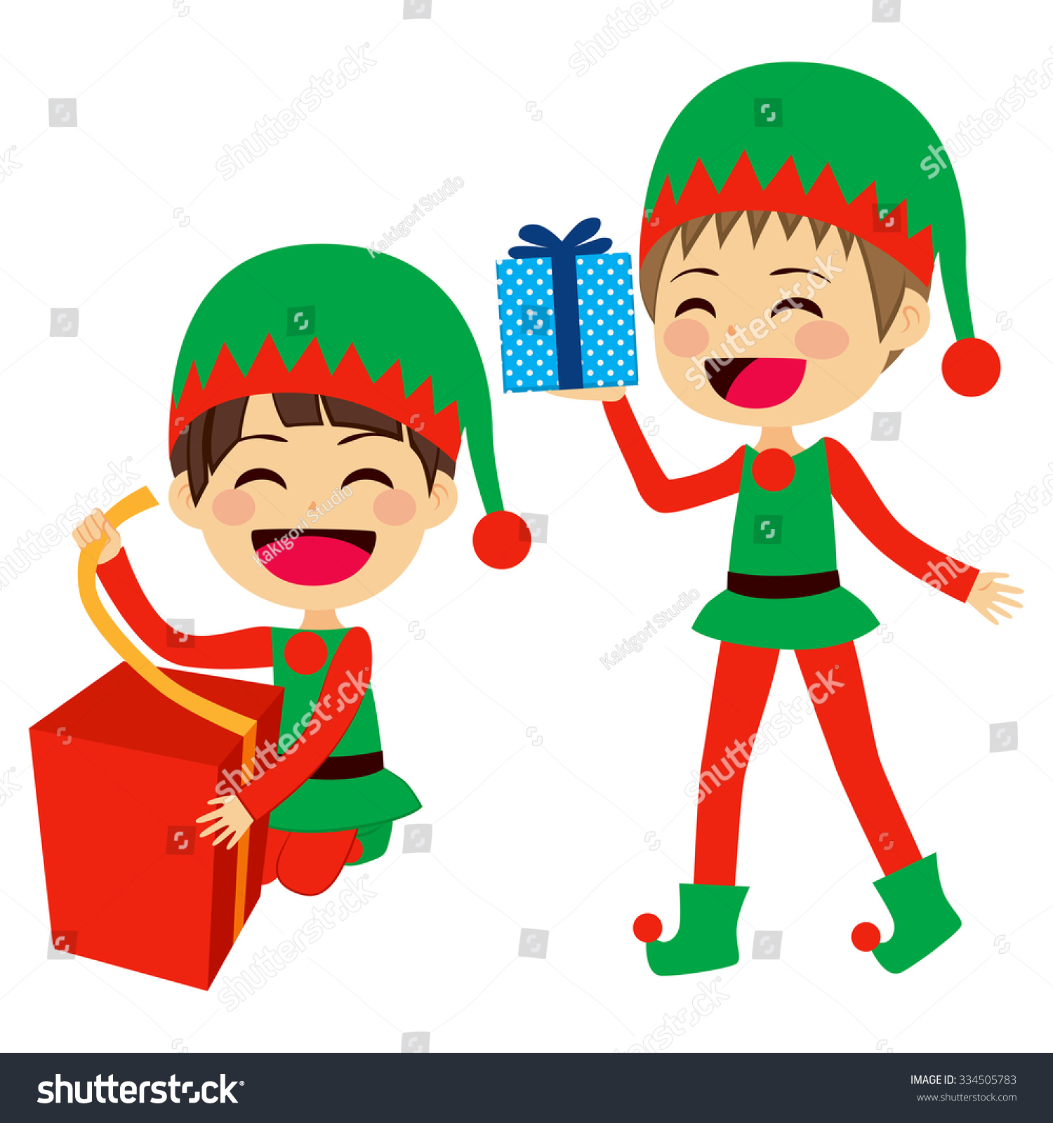 Cute Santa Elves Helpers Wrapping And Holding Presents Stock Vector