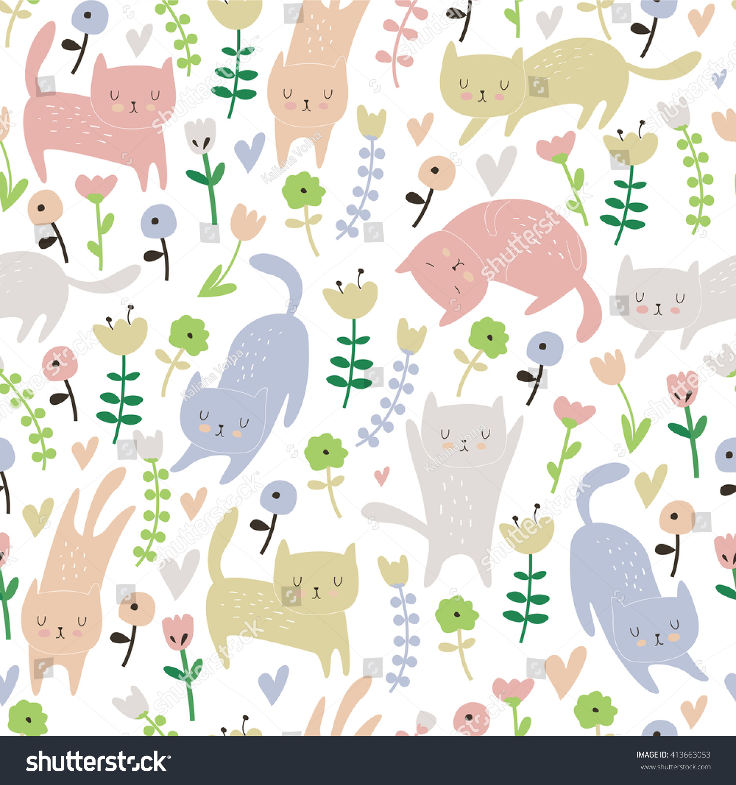Cute seamless background with funny cats and flowers in cartoon style Cute seamless background with funny cats and flowers in cartoon style