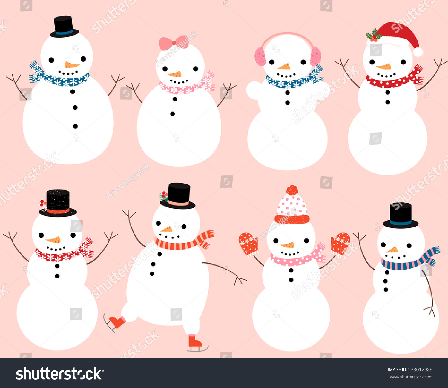 Cute Snowman Characters Winter Scarves Hats Stock Vector Royalty Free