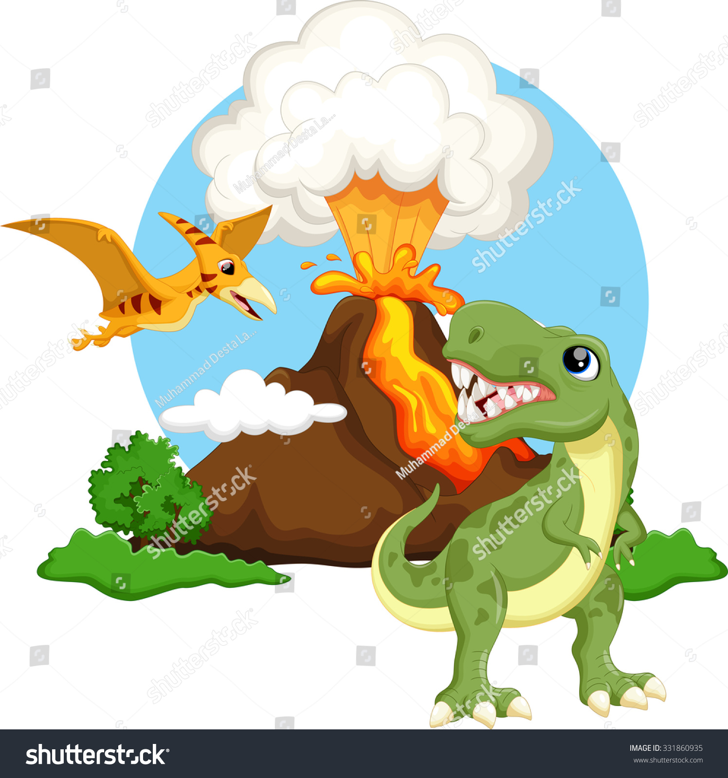 Cute tyrannosaurus and pterodactyl cartoon with volcano background Cute tyrannosaurus and pterodactyl cartoon with volcano background