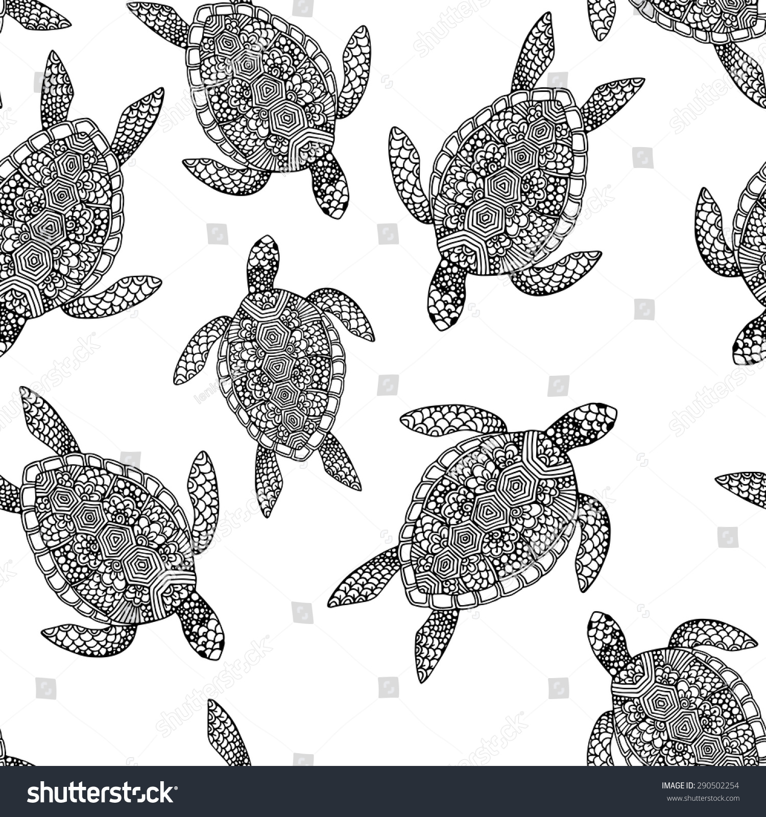 Decorative Doodle Turtle Seamless Monochrome Vector Pattern 290502254