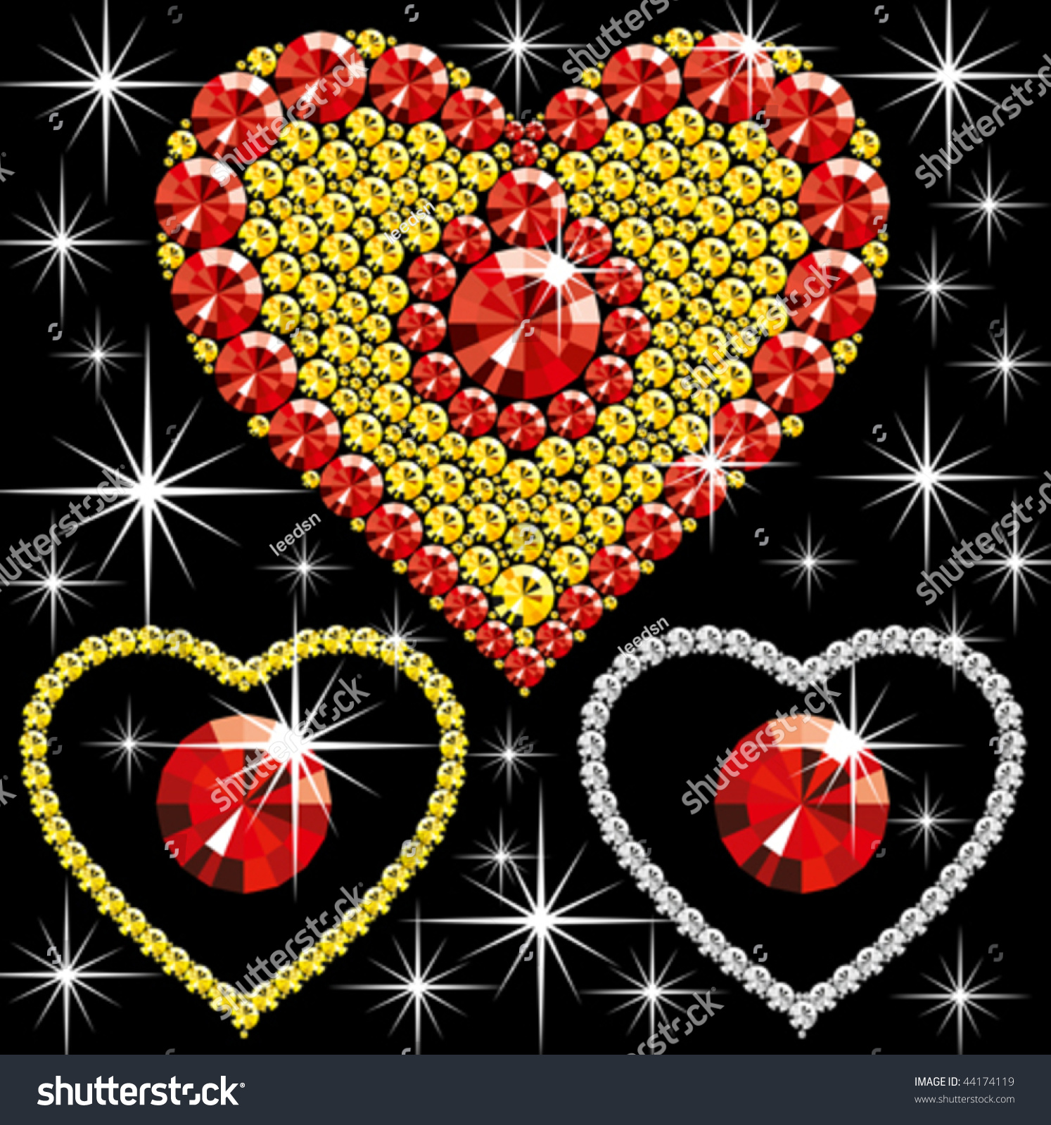 Diamond Hearts Different Color On Black Stock Vector 44174119