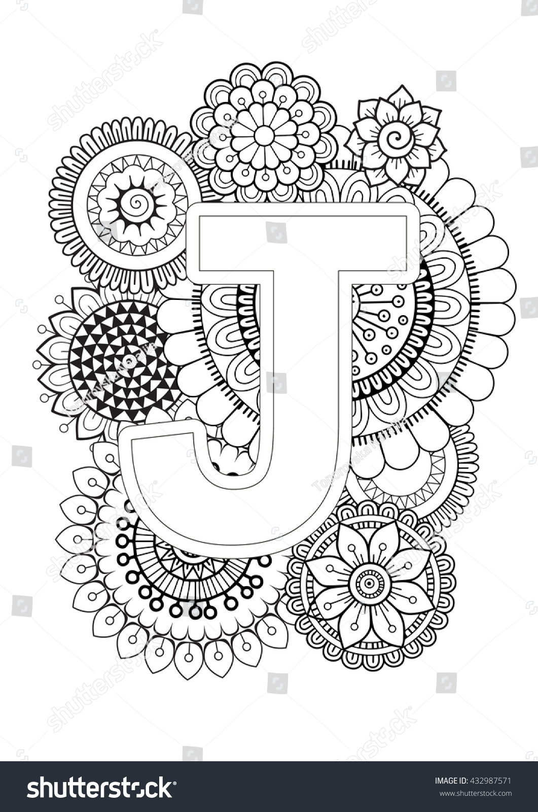 Doodle Floral Letters Coloring Book Adult Stock Vector ...