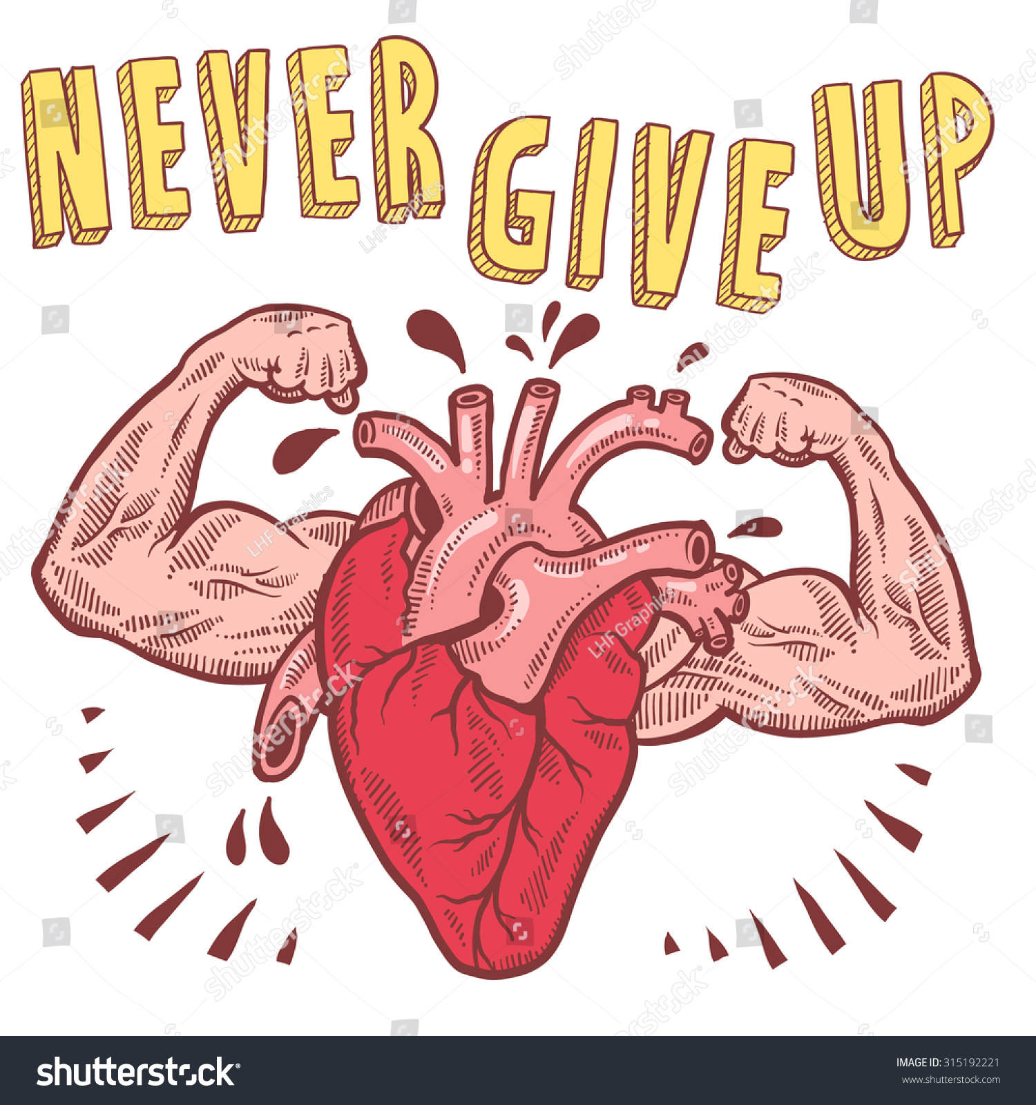 Doodle Style Vector Drawing Of A Muscular Heart Announcing Never Give