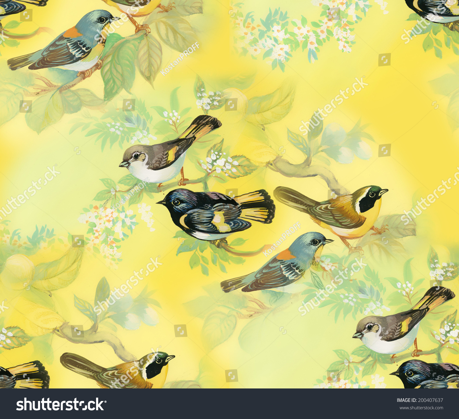 Drawing Beautiful Bright Birds Flowers Seamless Stock Vector 200407637