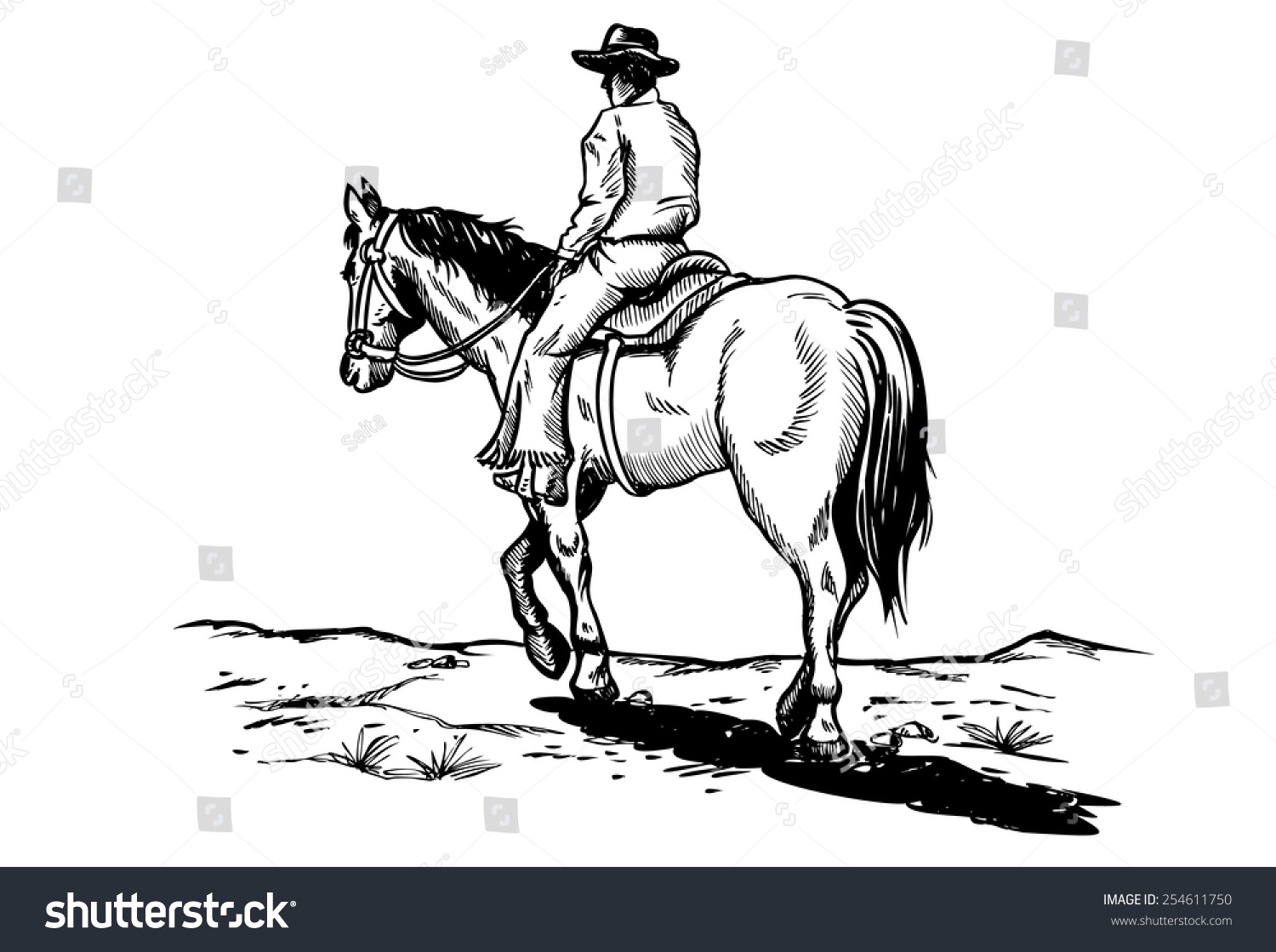 Drawing Of Cowboy Riding Horse, Vector 254611750 Shutterstock