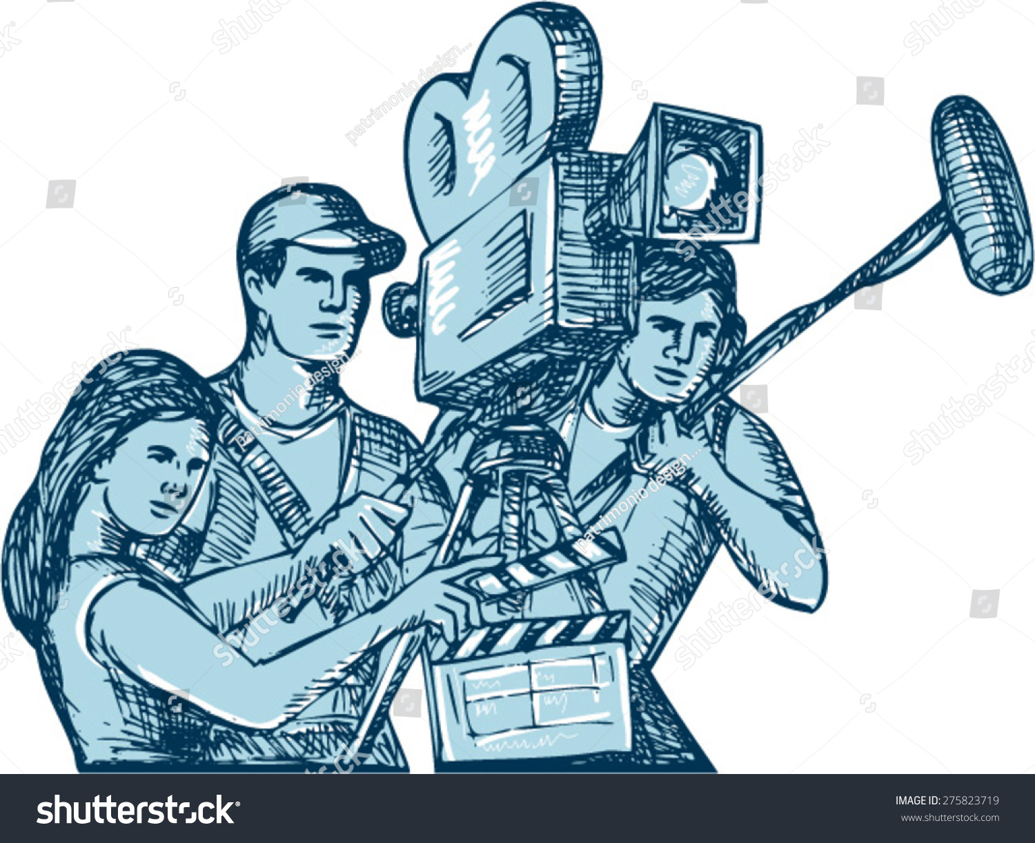 Drawing Style Illustration Of A Film Crew Cameraman Soundman With