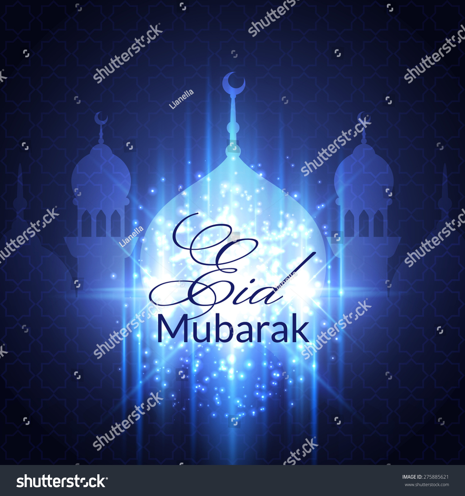 eid mubarak greeting card with mosque and lights vector