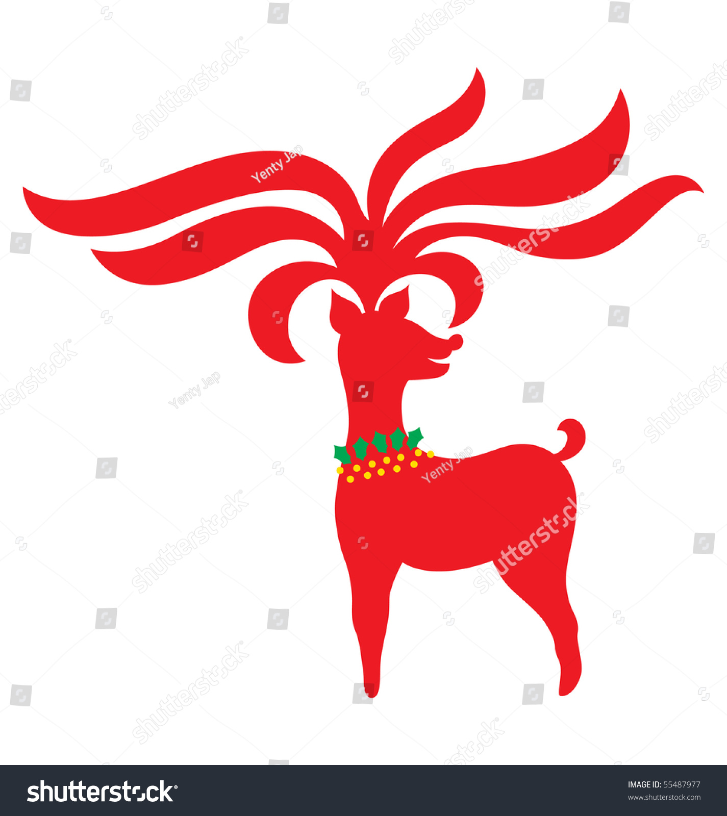 Elegant Christmas Reindeer Illustrated Red Silhouette Stock Vector