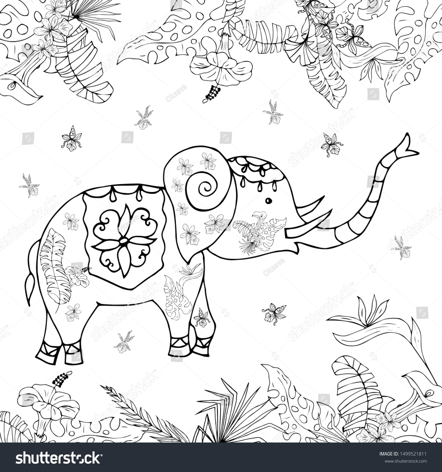 Elephant Tropical Plants Coloring Book Vector Stock Vector Royalty