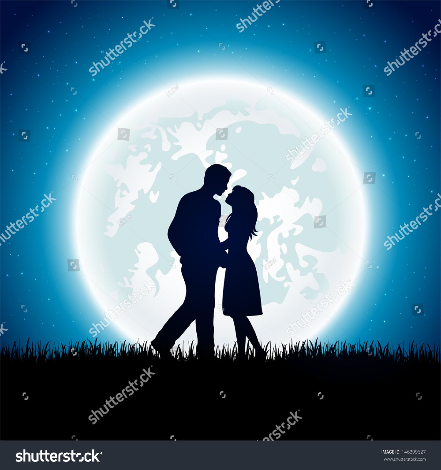 Enamored Couple With Moon On The Night Sky Background, Illustration 