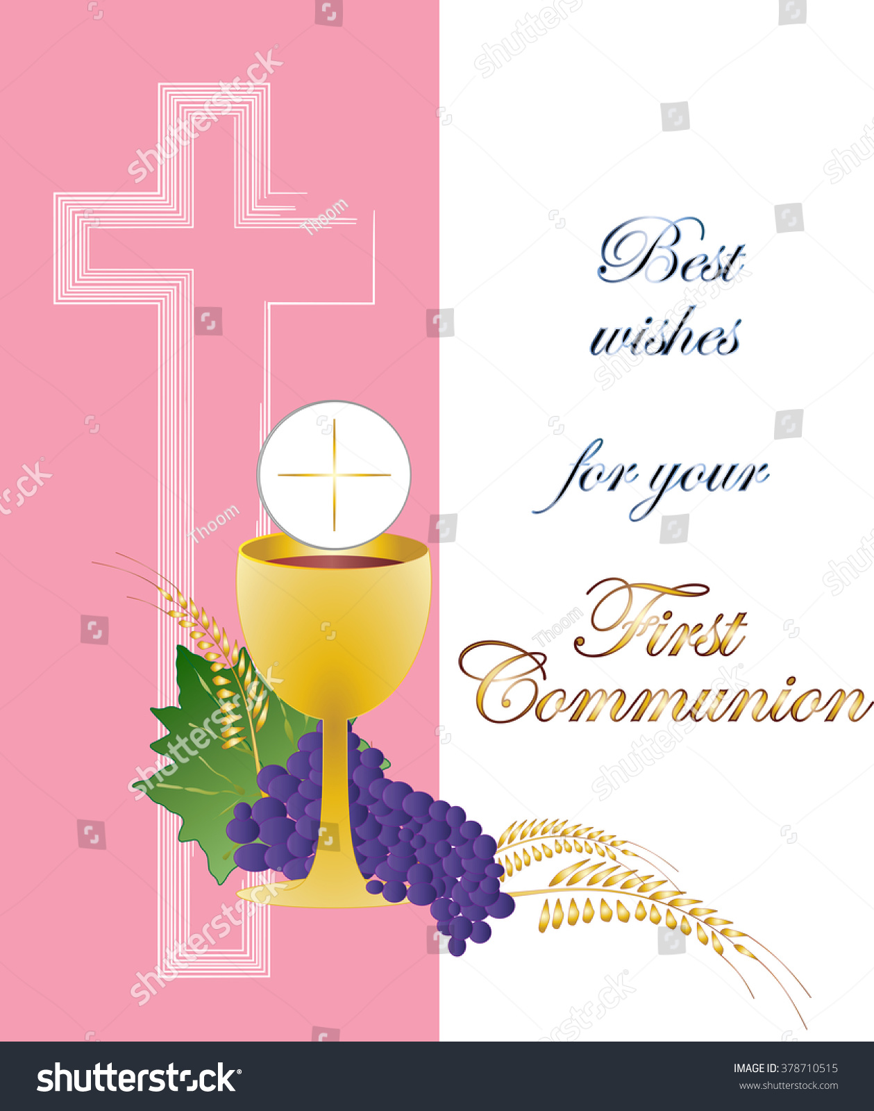 Eucharist symbol of bread and wine chalice and host with wheat ears wreath and grapes with a cross First communion illustration Eucharist symbol of bread and wine chalice and host with wheat ears wreath and grapes with a cross First communion illustration