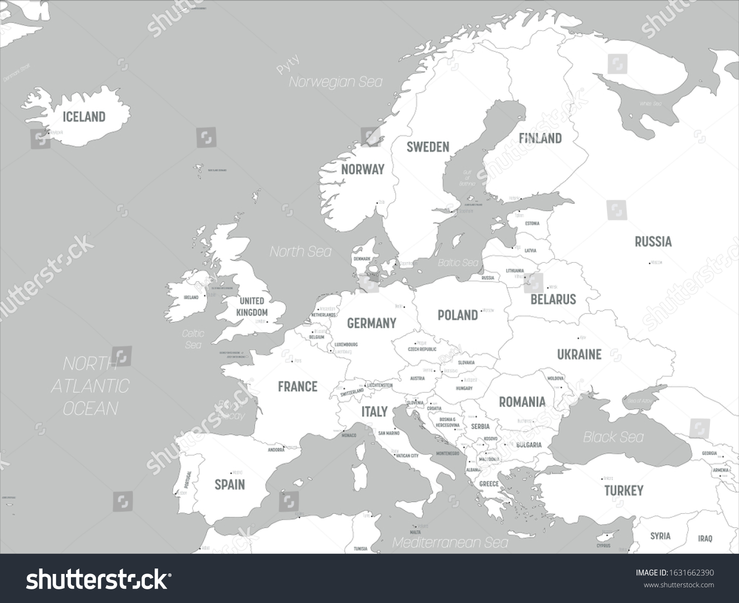 Europe Map White Lands Grey Water Stock Vektorgrafik Lizenzfrei