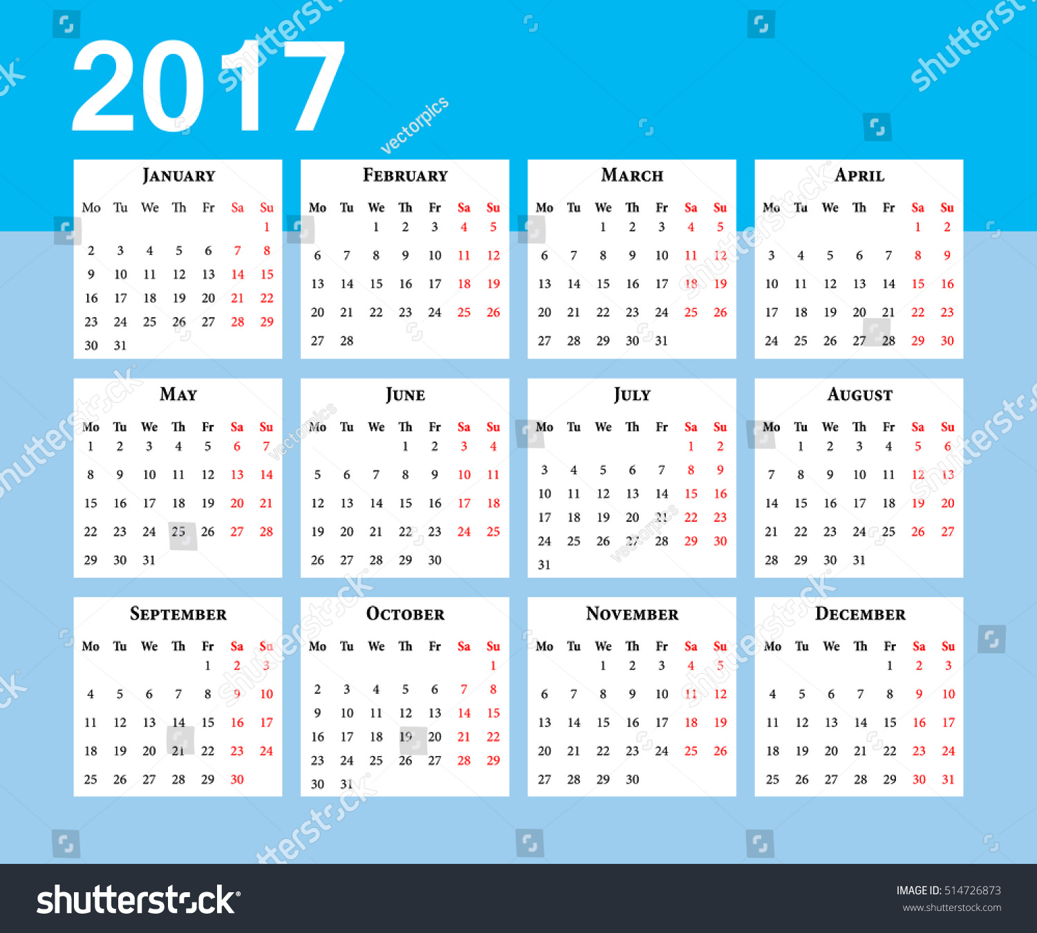 European Calendar 2017 In English. Office Euro Calendar Grid For 2017
