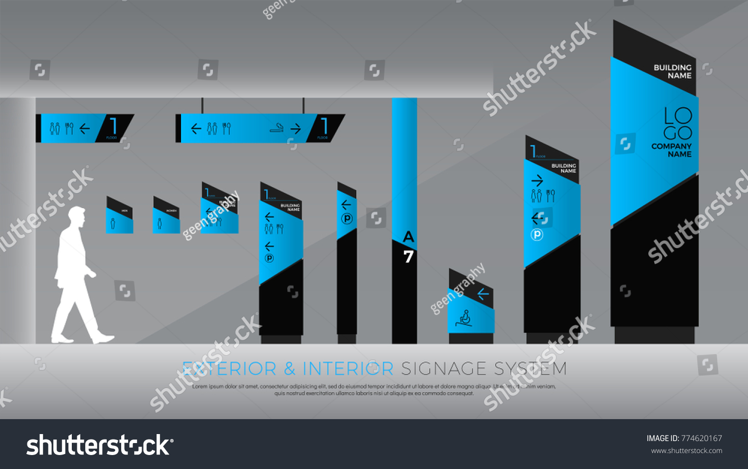 Exterior Interior Signage Blue Graphic Direction Stock Vector Royalty