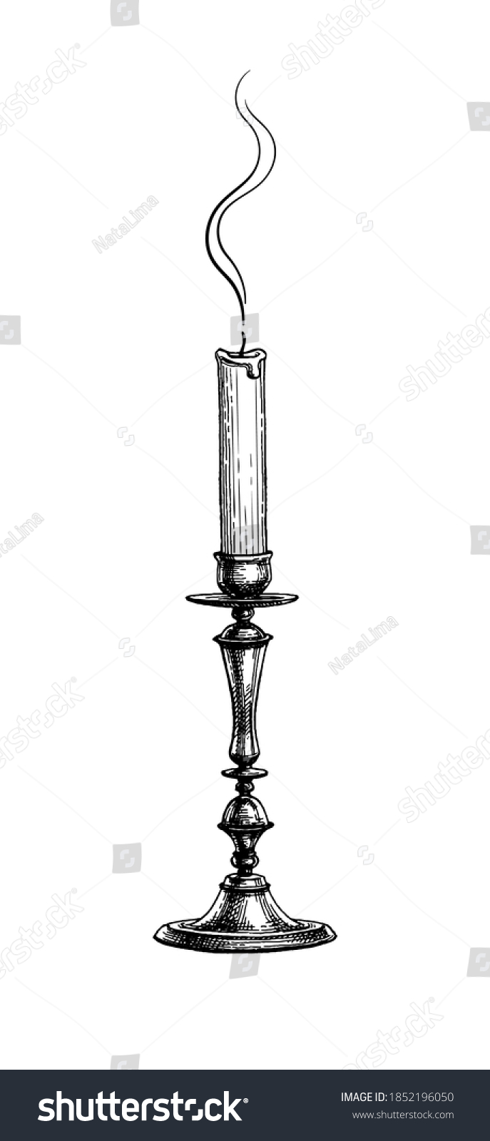 Extinguished Candle Candlestick Ink Sketch Isolated Stock Vector