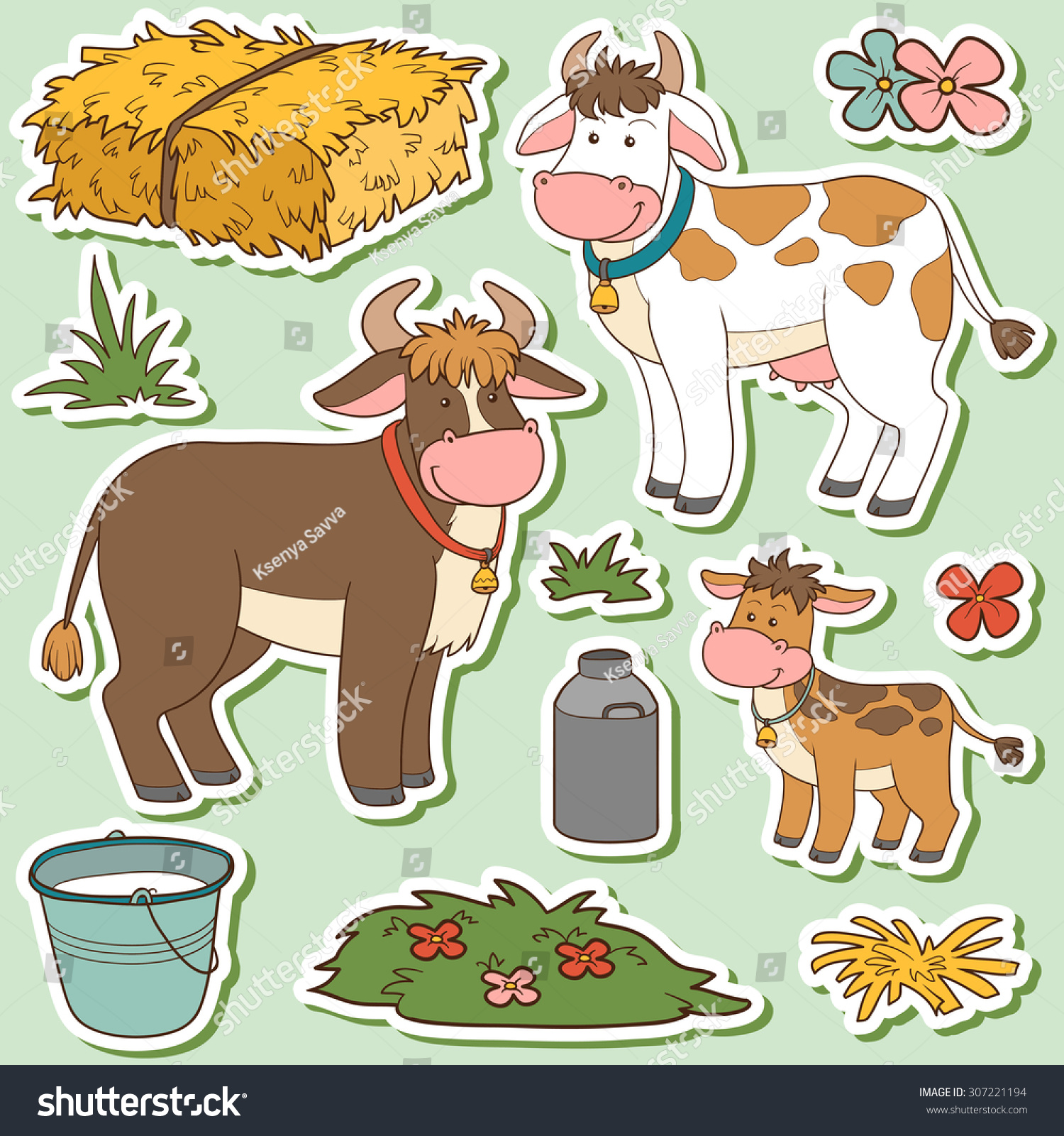 Farm animals set vector stickers with cow family and farm items Farm animals set vector stickers with cow family and farm items