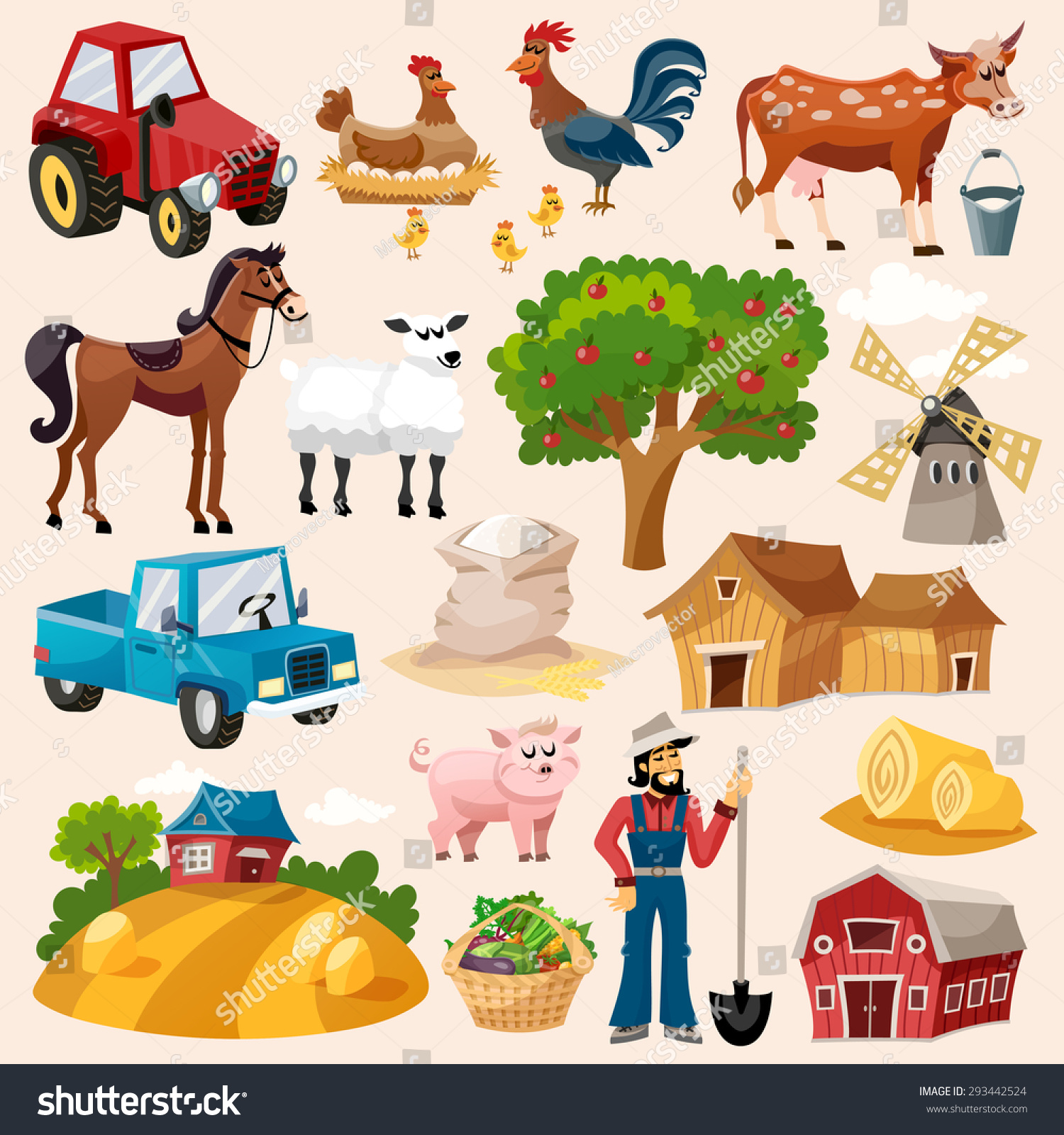  Farming farm decorative icon set with windmill cow pig and farmer