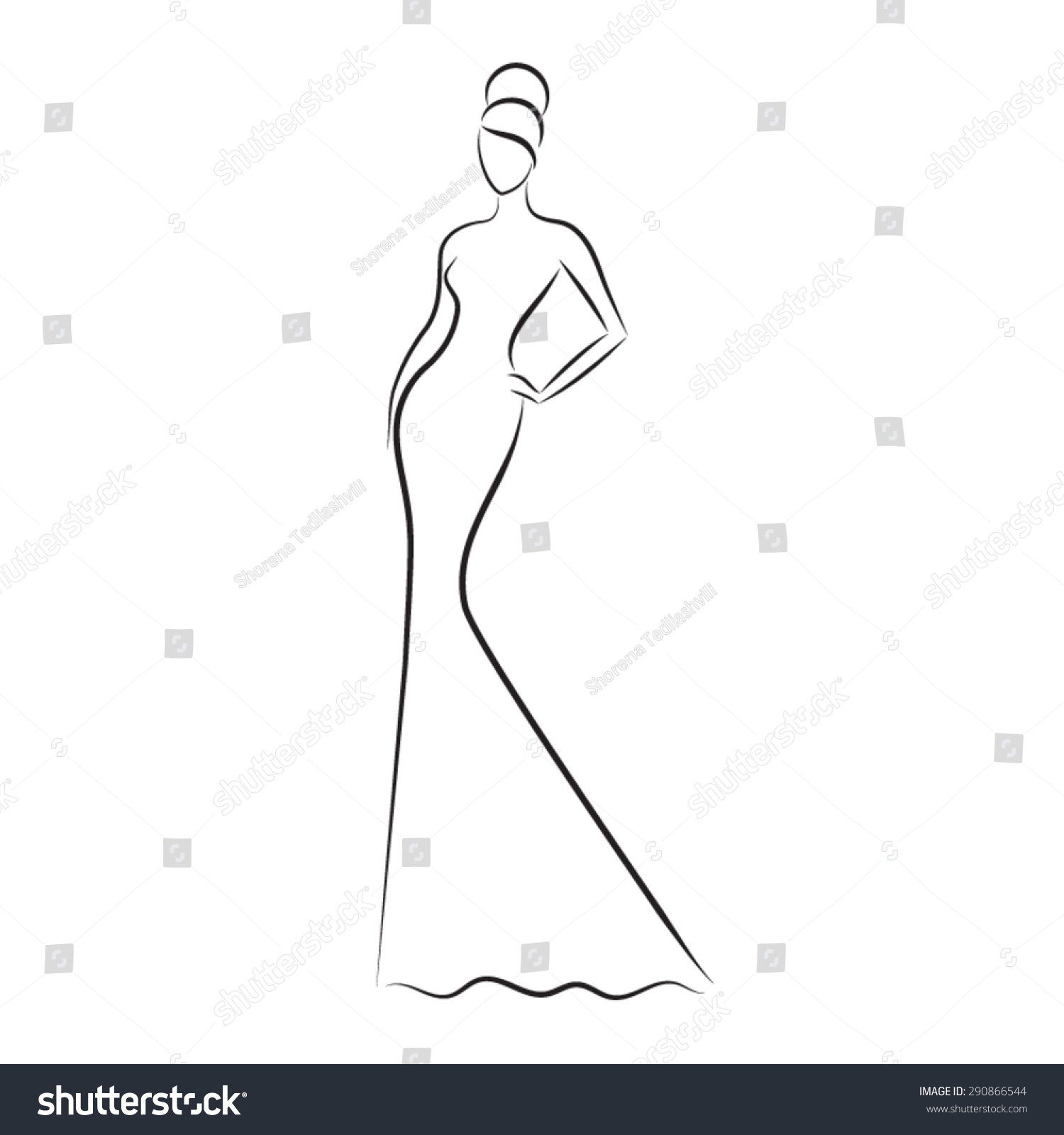 Fashion Model Sketch. Silhouette Of Beautiful Woman In Outline Style