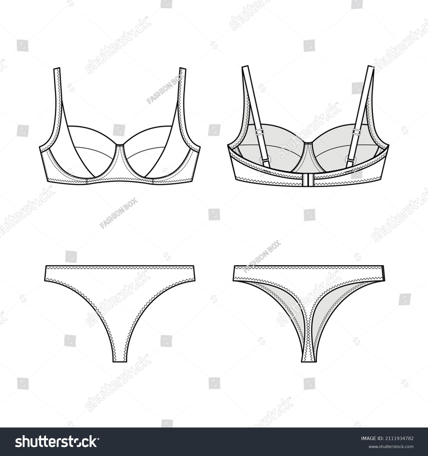 Vektor Stok Fashion Technical Drawing Lingerie Set Bra Tanpa Royalti