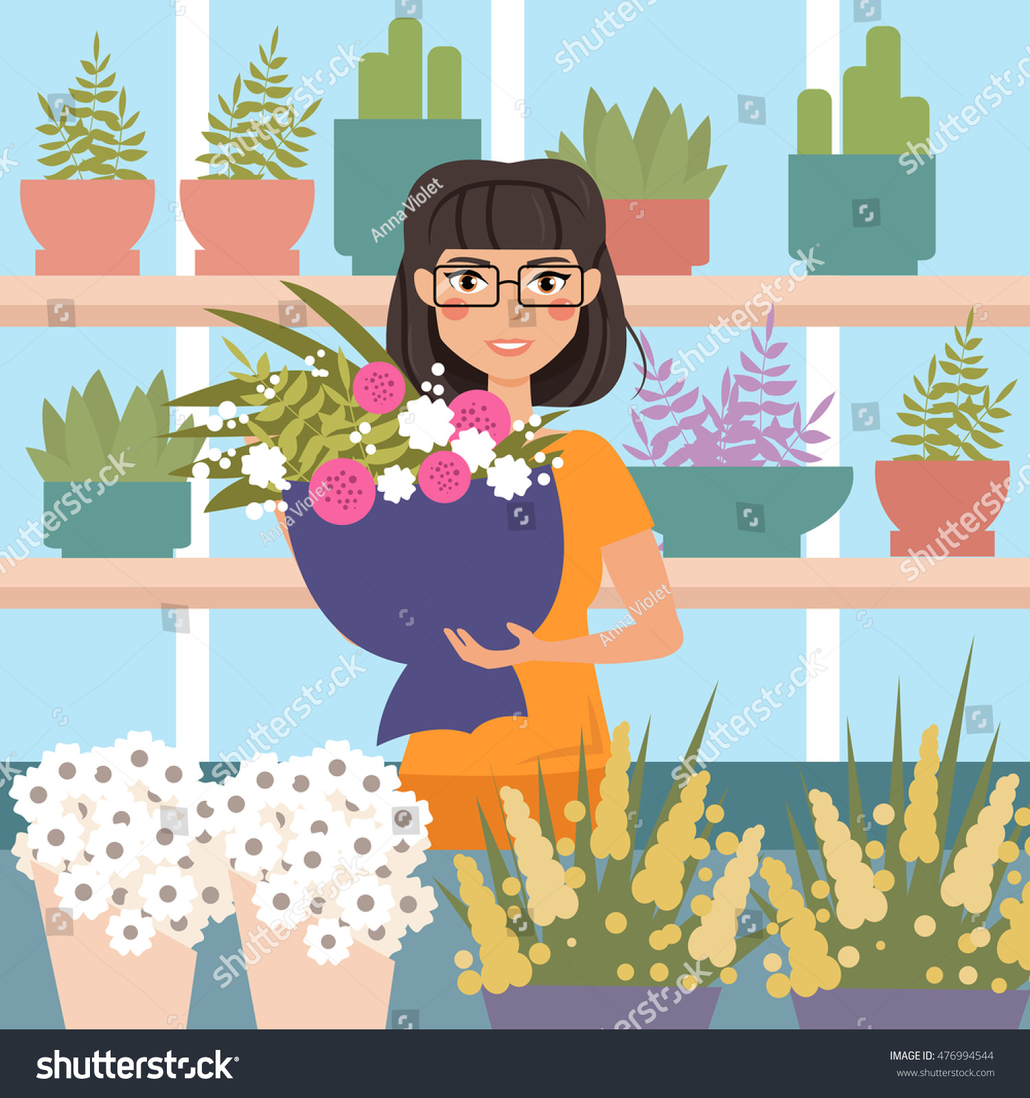 Female Florist In Shop Holding Bouquet Of Flowers Cartoon Character