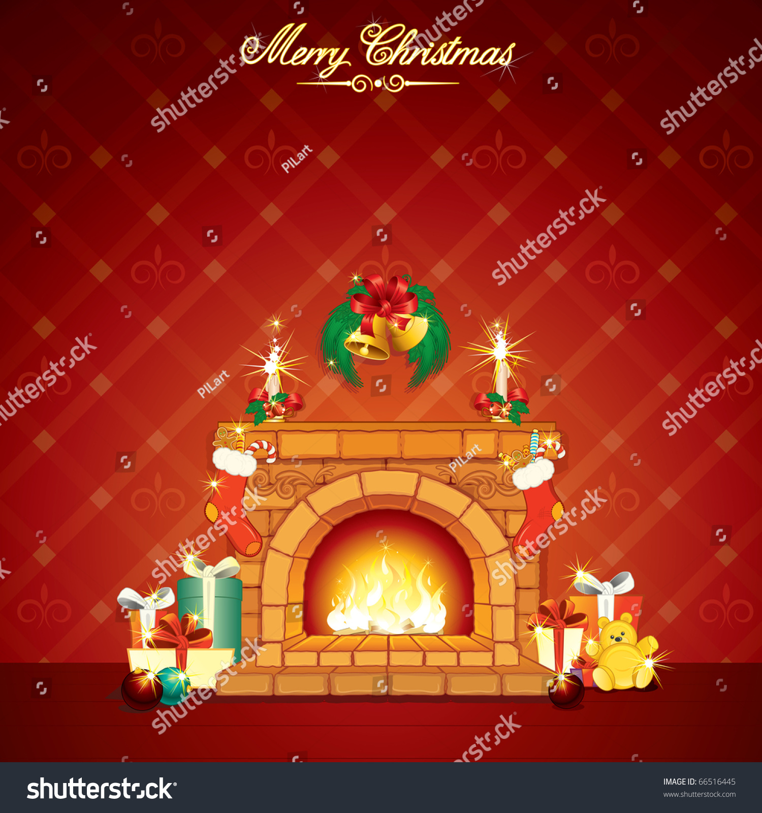 Festive Christmas Cartoon Home Interior With Hot Fireplace And Classical Xmas Ornaments, Gifts ...