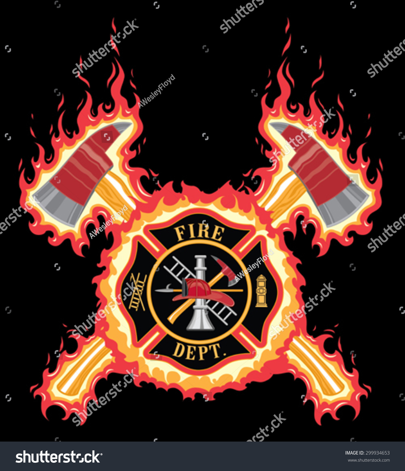 Firefighter Cross With Axes And Flames Is An Illustration Of A Fire Department Or Firefighter