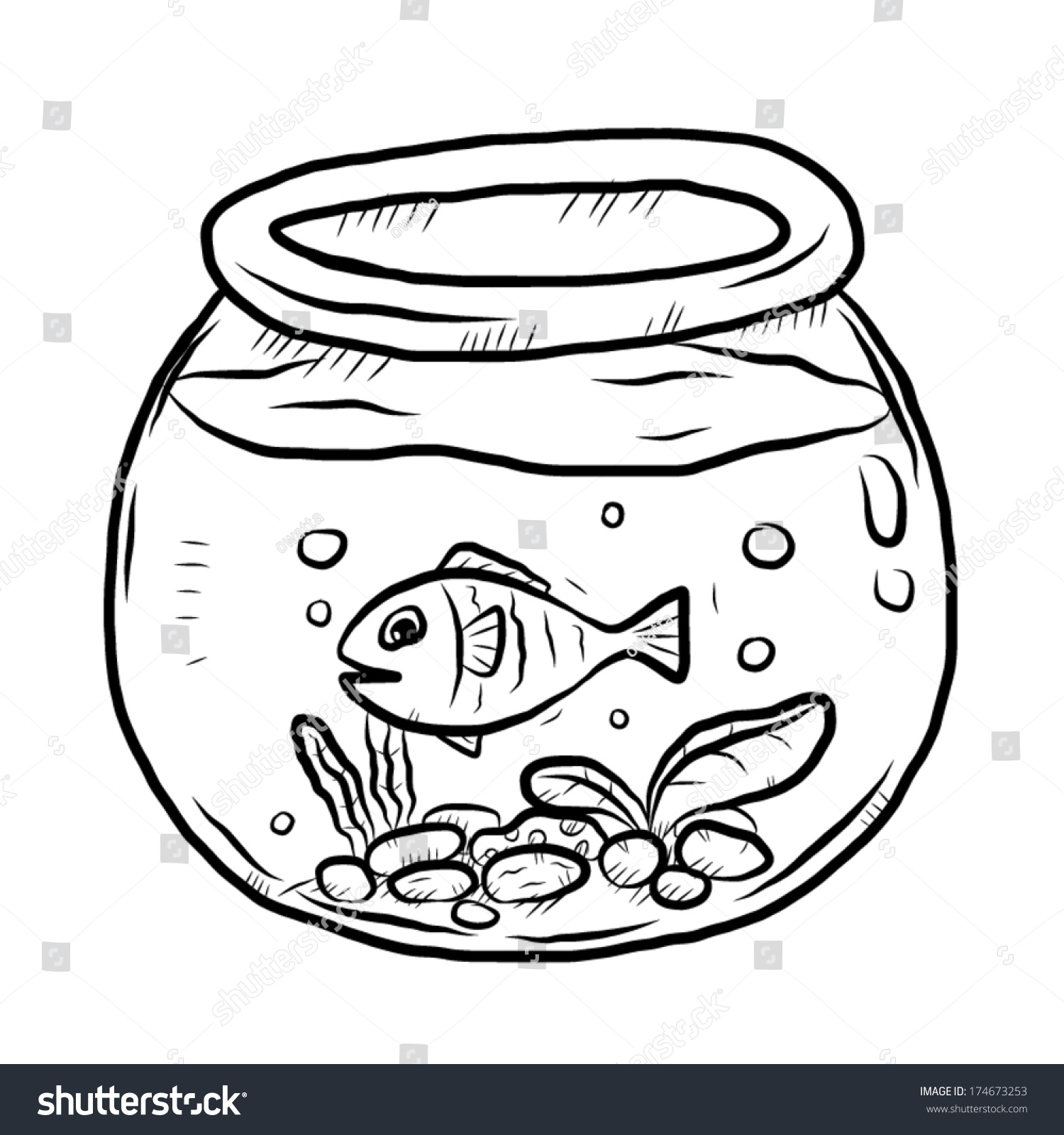 Fish In Bowl / Cartoon Vector And Illustration, Black And White, Hand