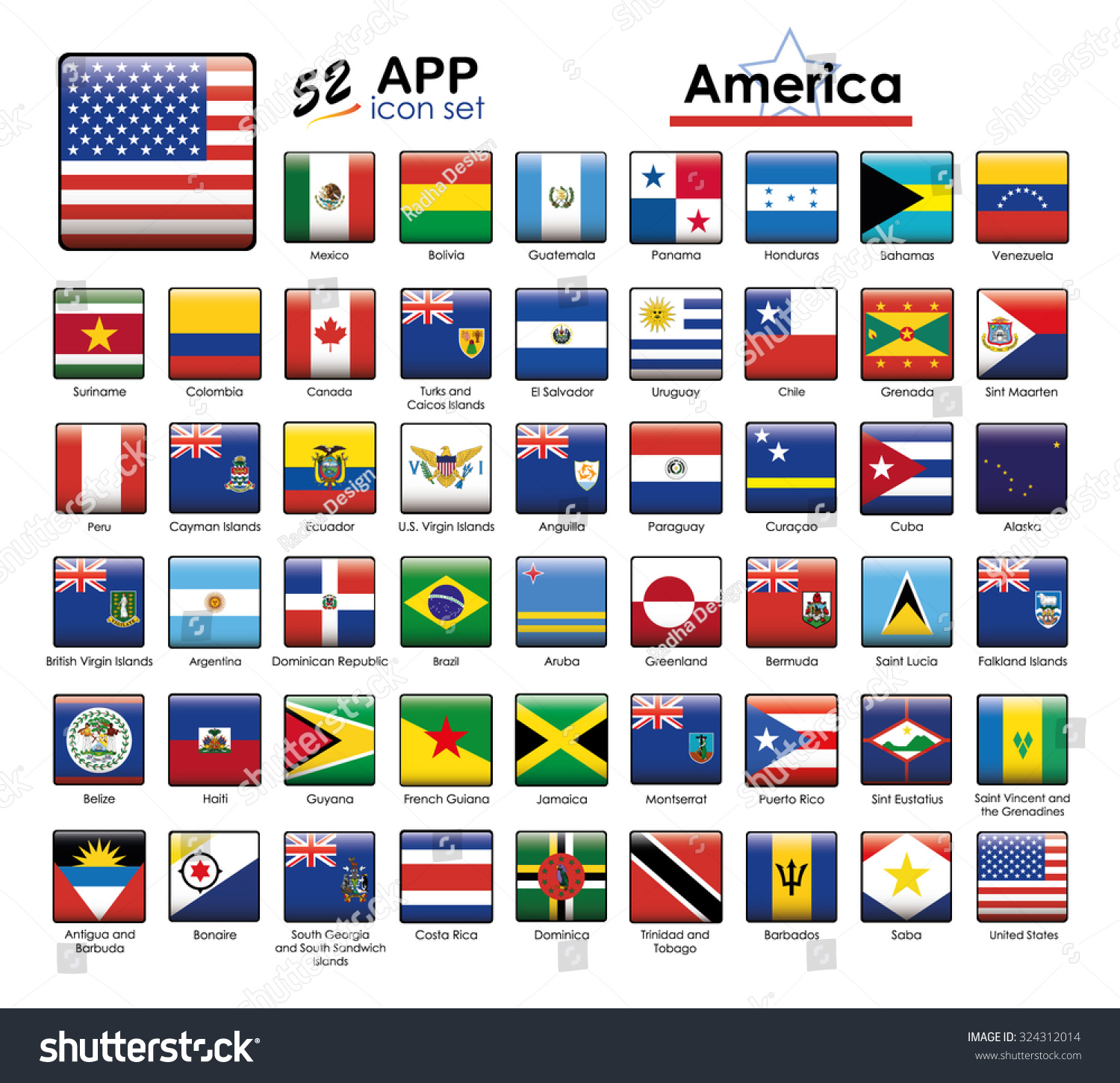 Flags America Icon Set Square Buttons Stock Vector Royalty Free 324312014