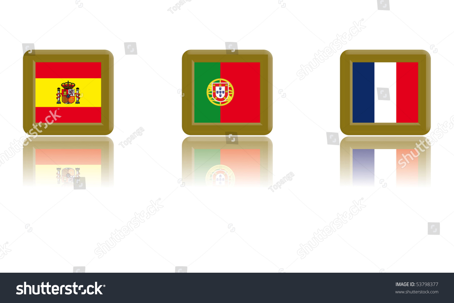 Flags Of Spain Portugal And France With Gold Frame And Reflection