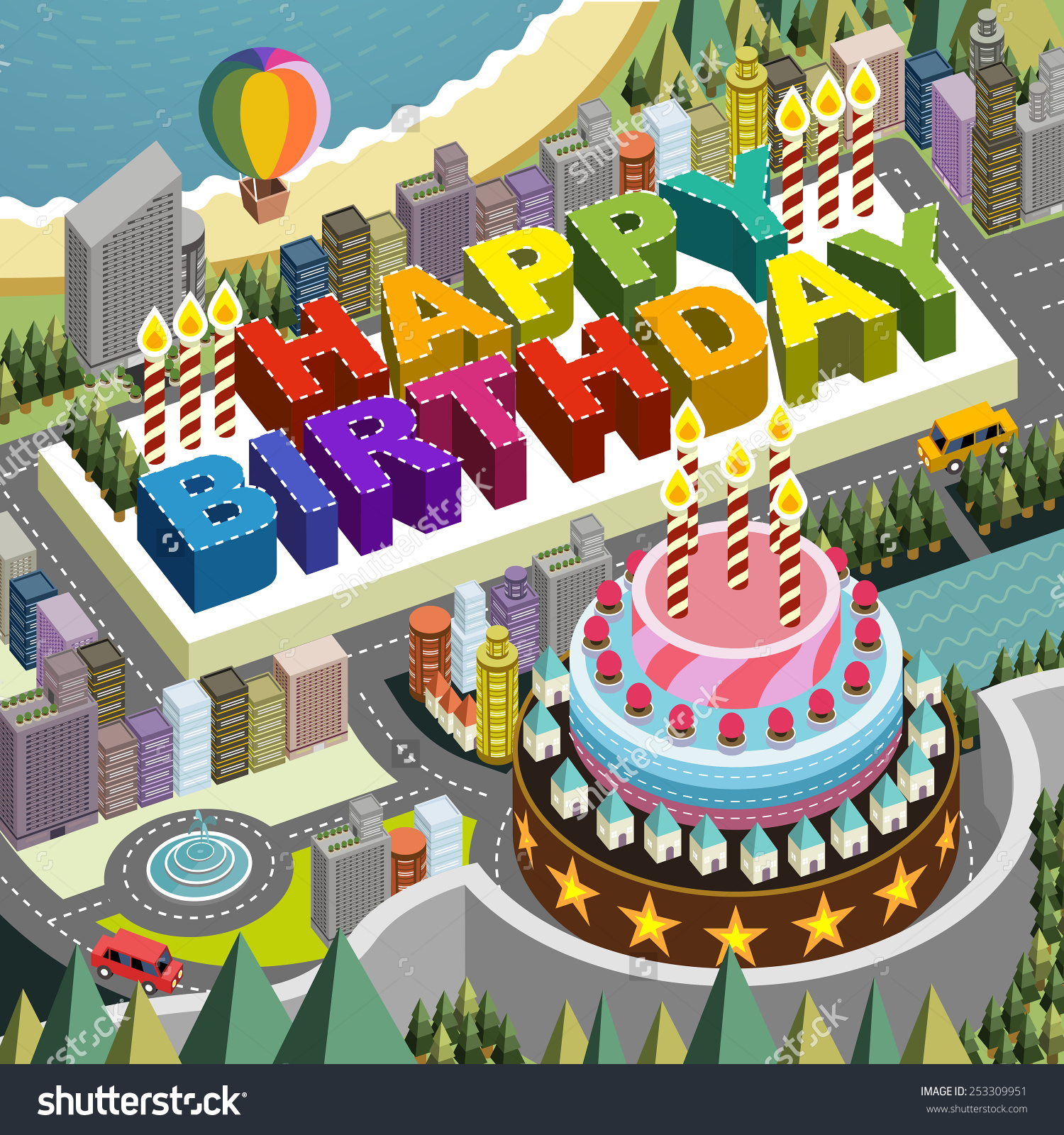 flat 3D isometric city scenery with big birthday cake illustration flat 3D isometric city scenery with big birthday cake illustration