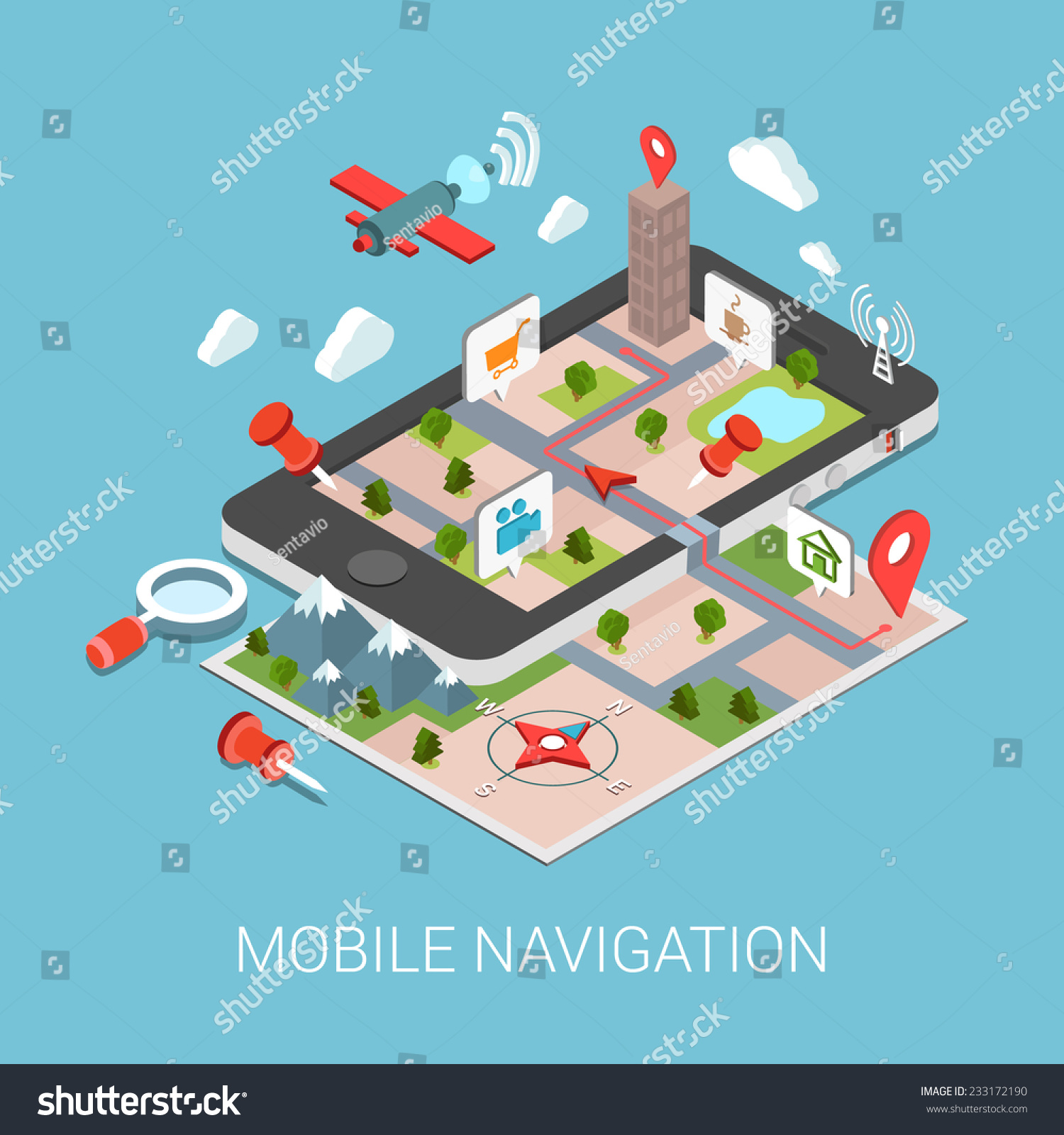 Flat 3d Isometric Mobile Navigation Web Infographic Concept Vector Paper Map Touch Screen Gps 8240